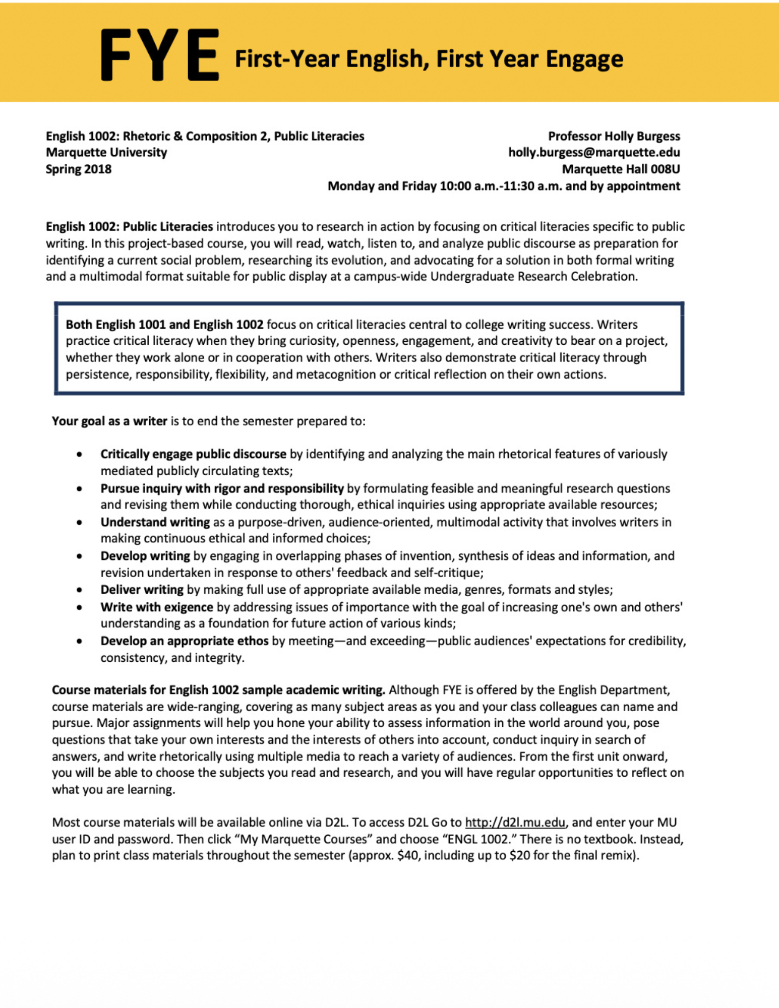 Syllabus Header for 'English 1002: Public Literacies' with a yellow banner that reads 'FYE'.