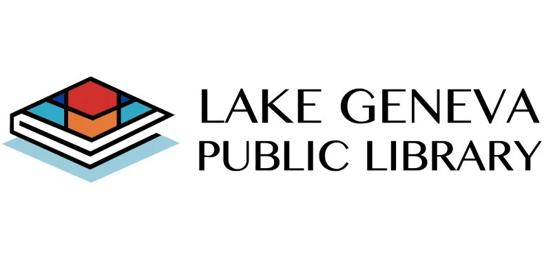 Logo for Lake Geneva Public Library with stylized book and water design