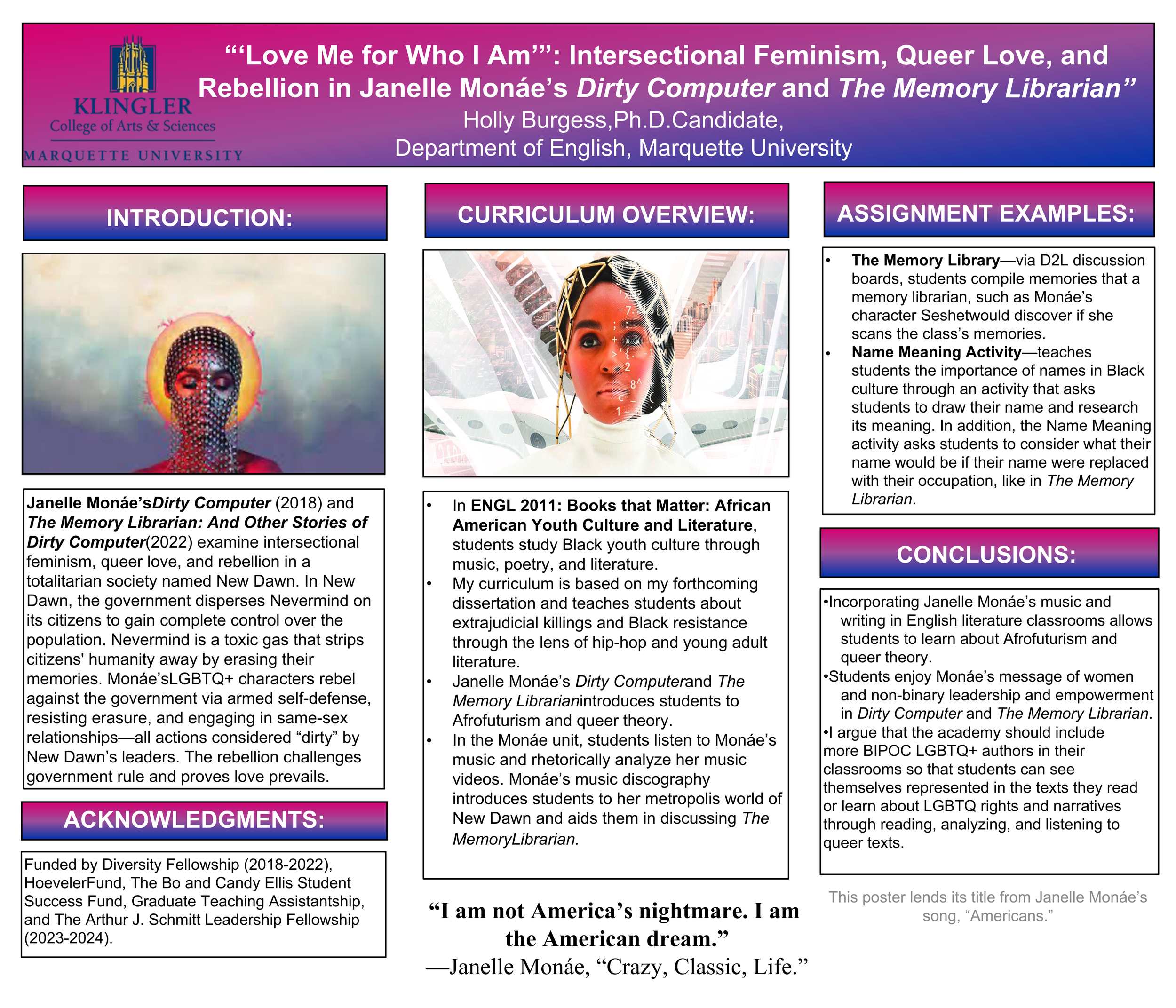 Academic poster on Janelle Monáe, Afrofuturism, and queer theory by Ph.D. Candidate Holly Burgess.