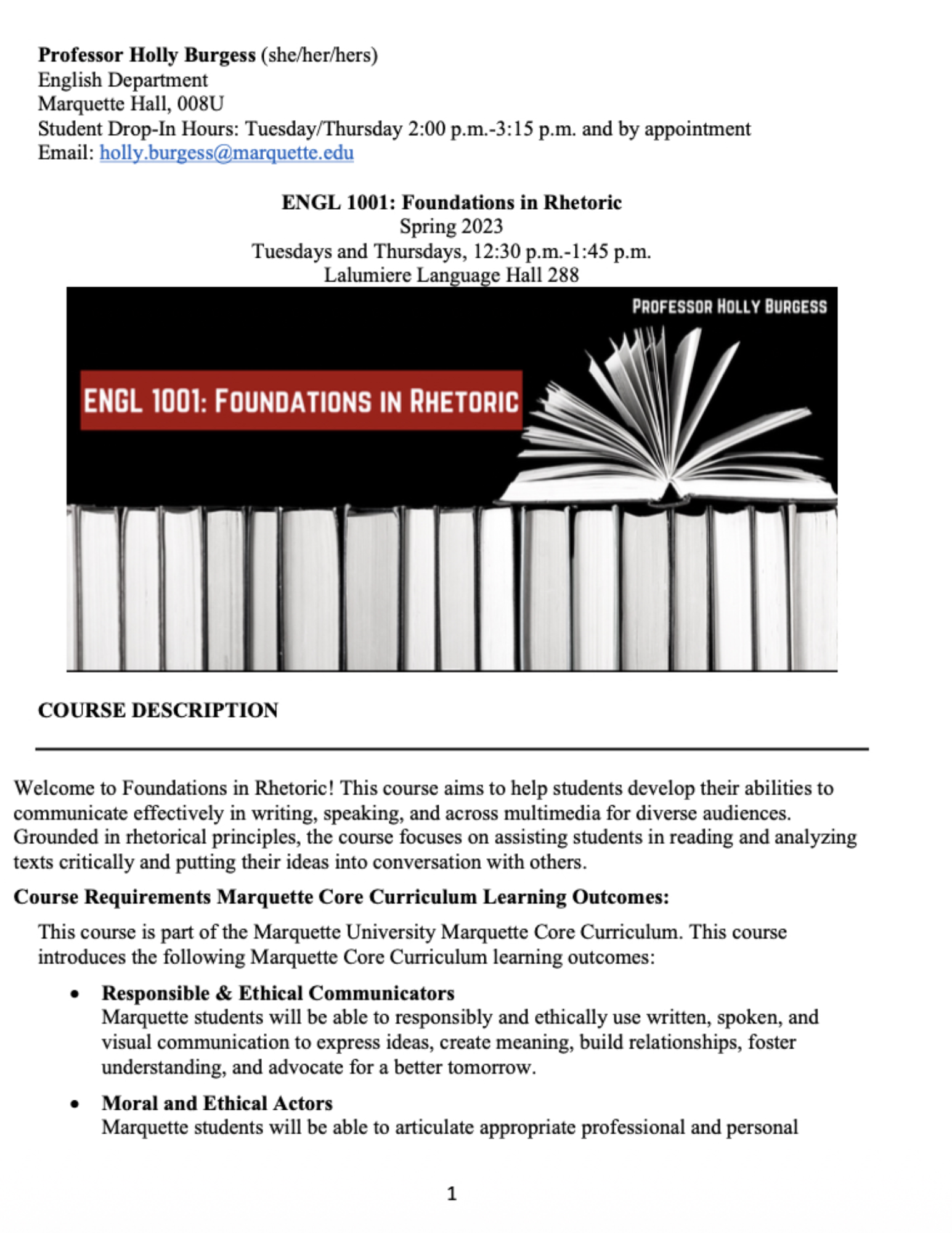 Syllabus header for "Foundations in Rhetoric" featuring a graphic of an open book on a shelf with red accents.