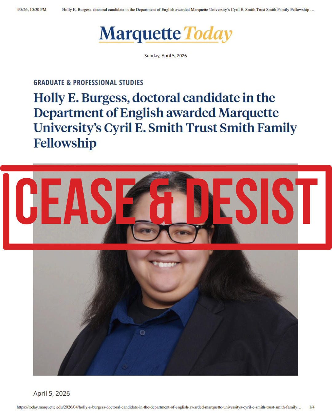 Holly E. Burgess Issues a Cease & Desist to Marquette University.