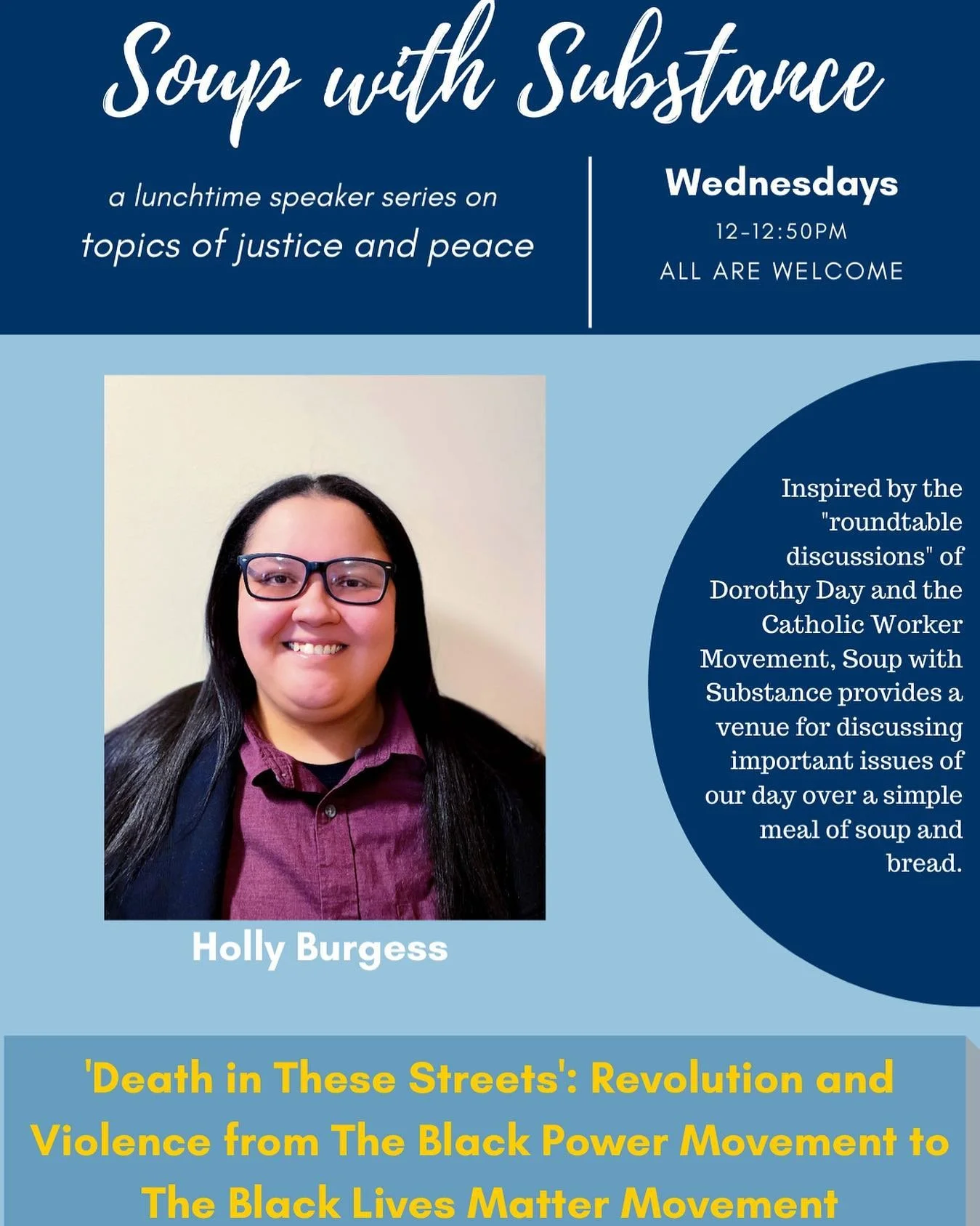 Event Flyer for "Soup with Substance" talk titled "Death in these Streets" about my dissertation propospectus. The flyer contains a headshot of the author wearing a wine red button down shirt and black blazer.