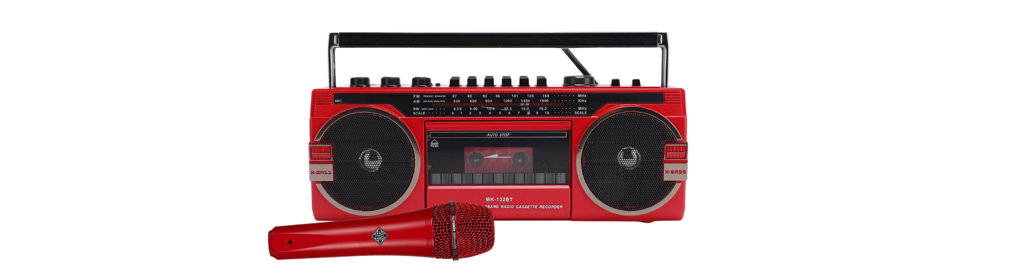 Image of bright red boombox and red microphone.