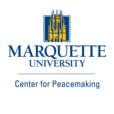 Logo of Marquette University Center for Peacemaking, featuring a stylized yellow cathedral above the university's name.
