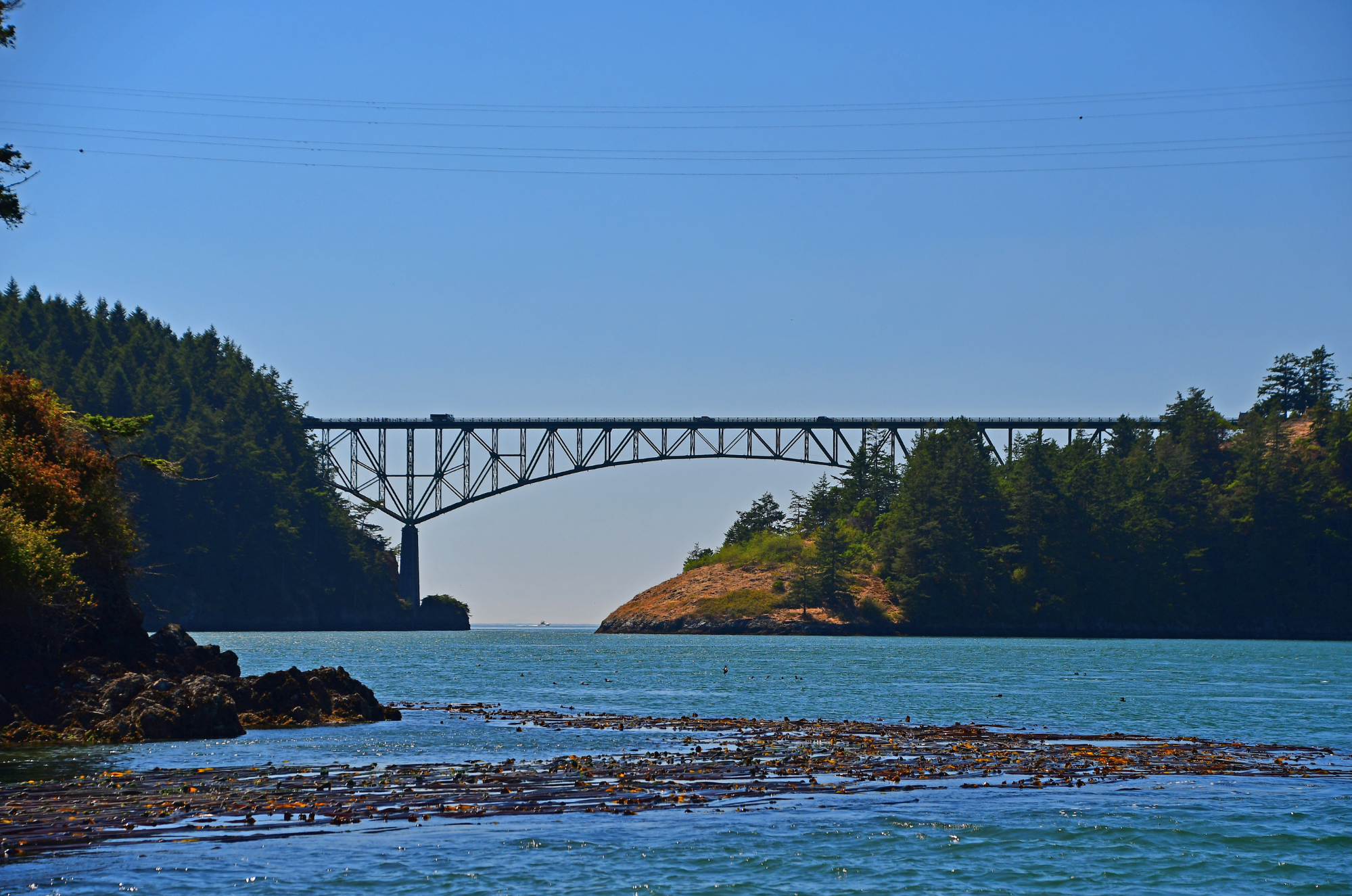 A steel truss bridge spans across a body of water, with lush green trees on both sides under a clear blue sky.