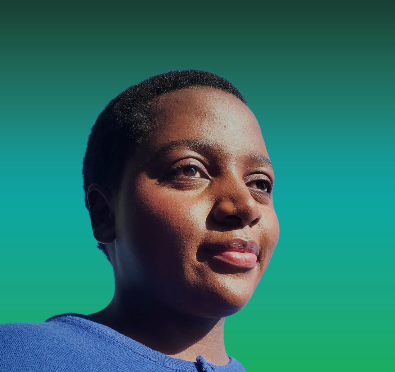 Close-up of a young Black woman with short hair wearing a blue shirt, looking slightly to the right and smiling faintly, against a gradient teal background.