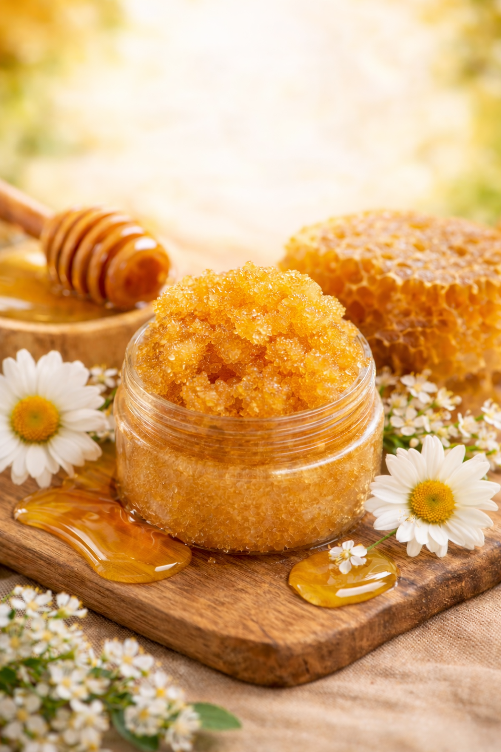 Glass jar filled with honey on a wooden board with honeycomb, honey dipper, and white daisies, with honey spilling on the board.