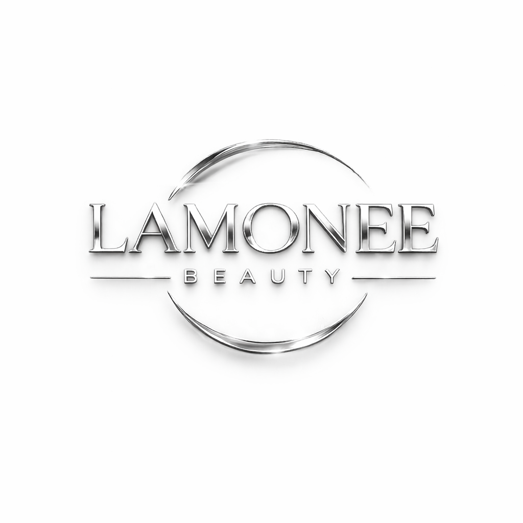 Silver metallic logo for Lamonee Beauty with a partial circular design and stylized text on a white background.