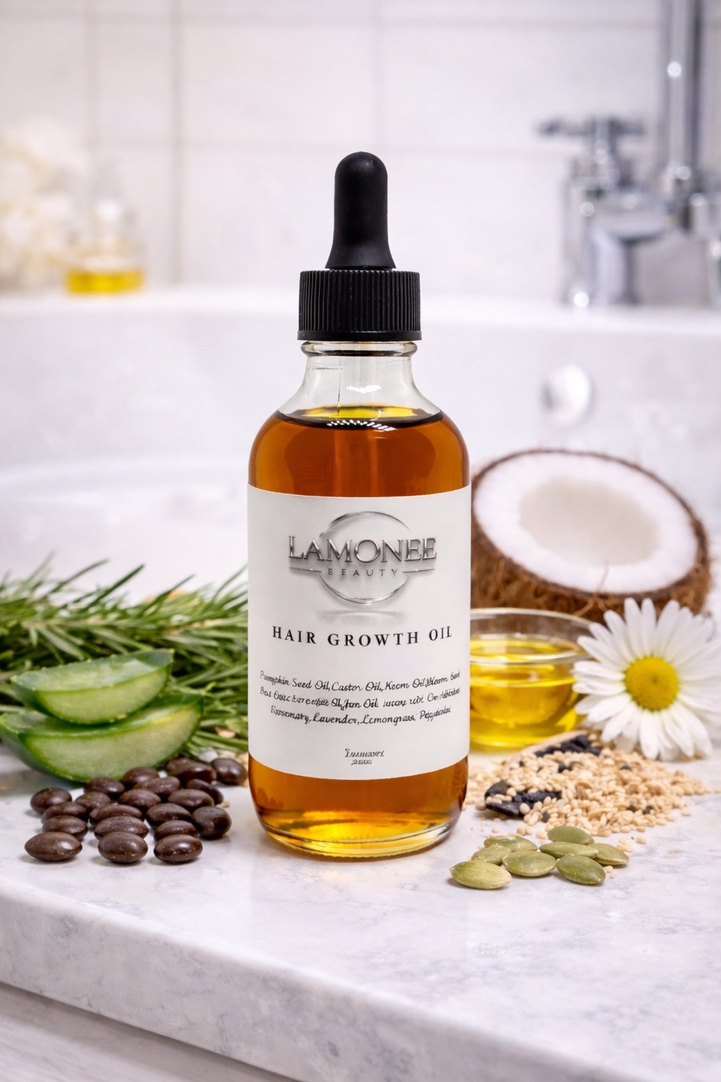 A bottle of Lamonee Beauty Hair Growth Oil on a marble surface with aloe vera, coconut, chamomile, sesame seeds, pumpkin seeds, and a daisy flower, in front of a bathroom setting.