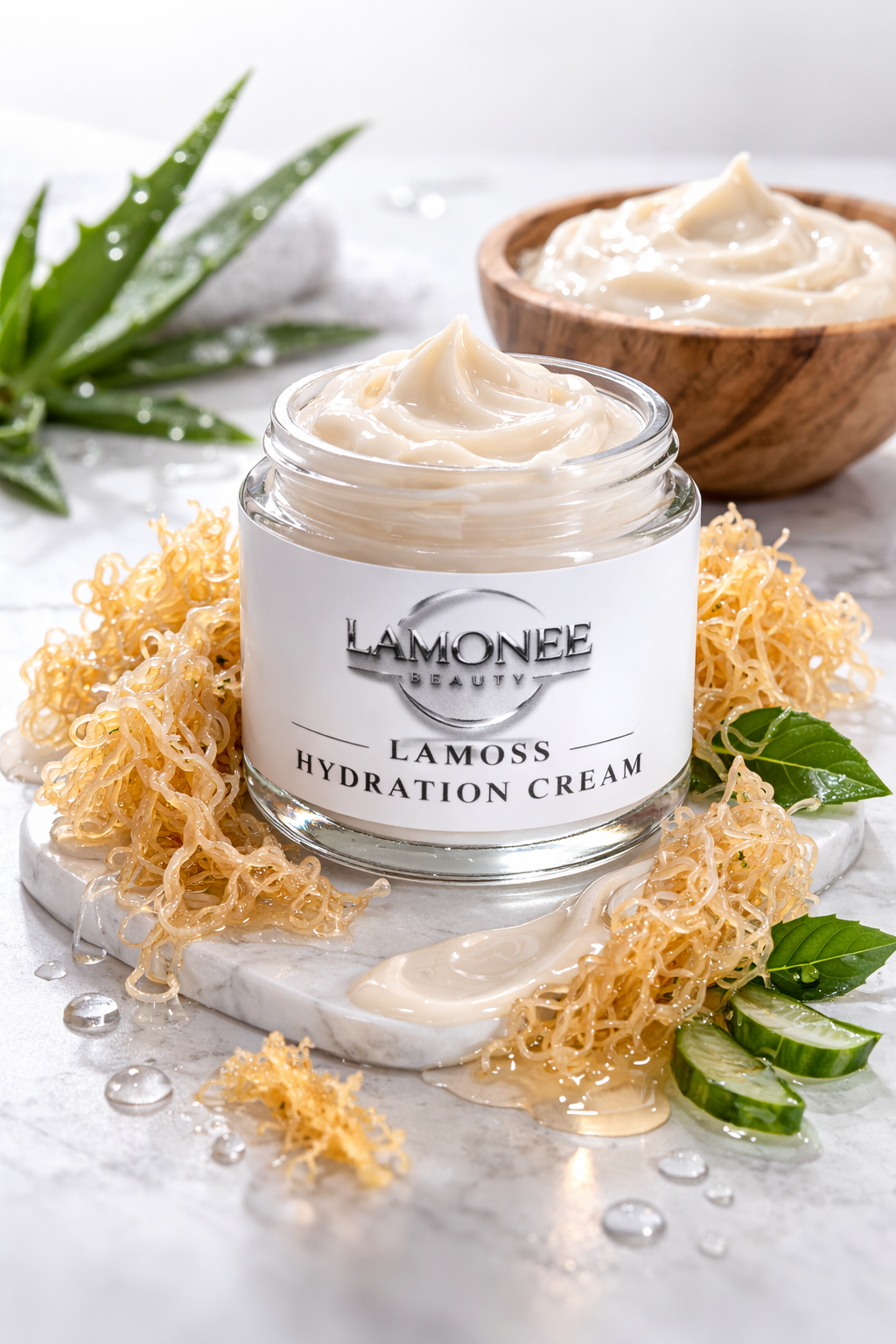 A jar of Lamonee Hydration Cream with a creamy texture, surrounded by seaweed, cucumbers, and aloe vera leaves, with a wooden bowl of the cream in the background.