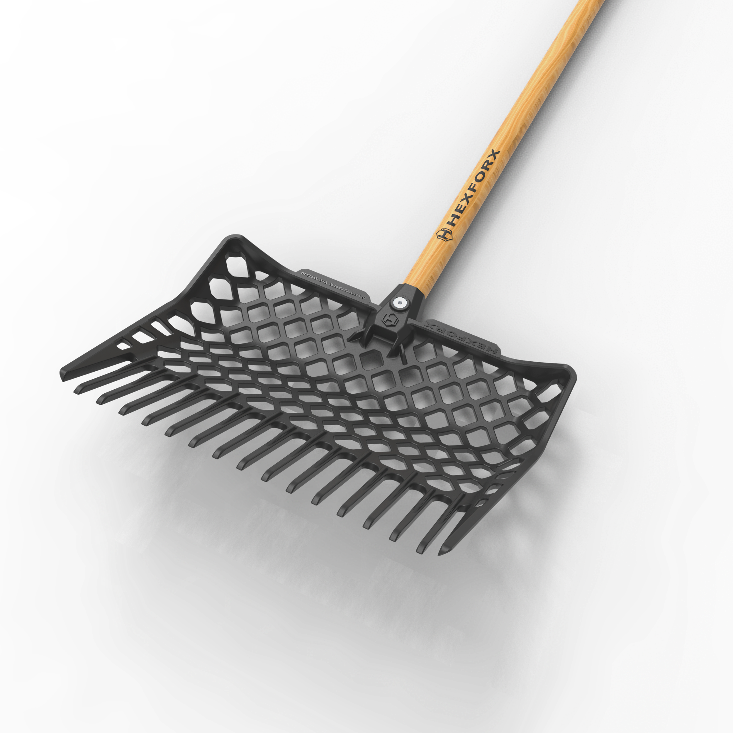 Hexforx manure fork with black fork head and ash handle.