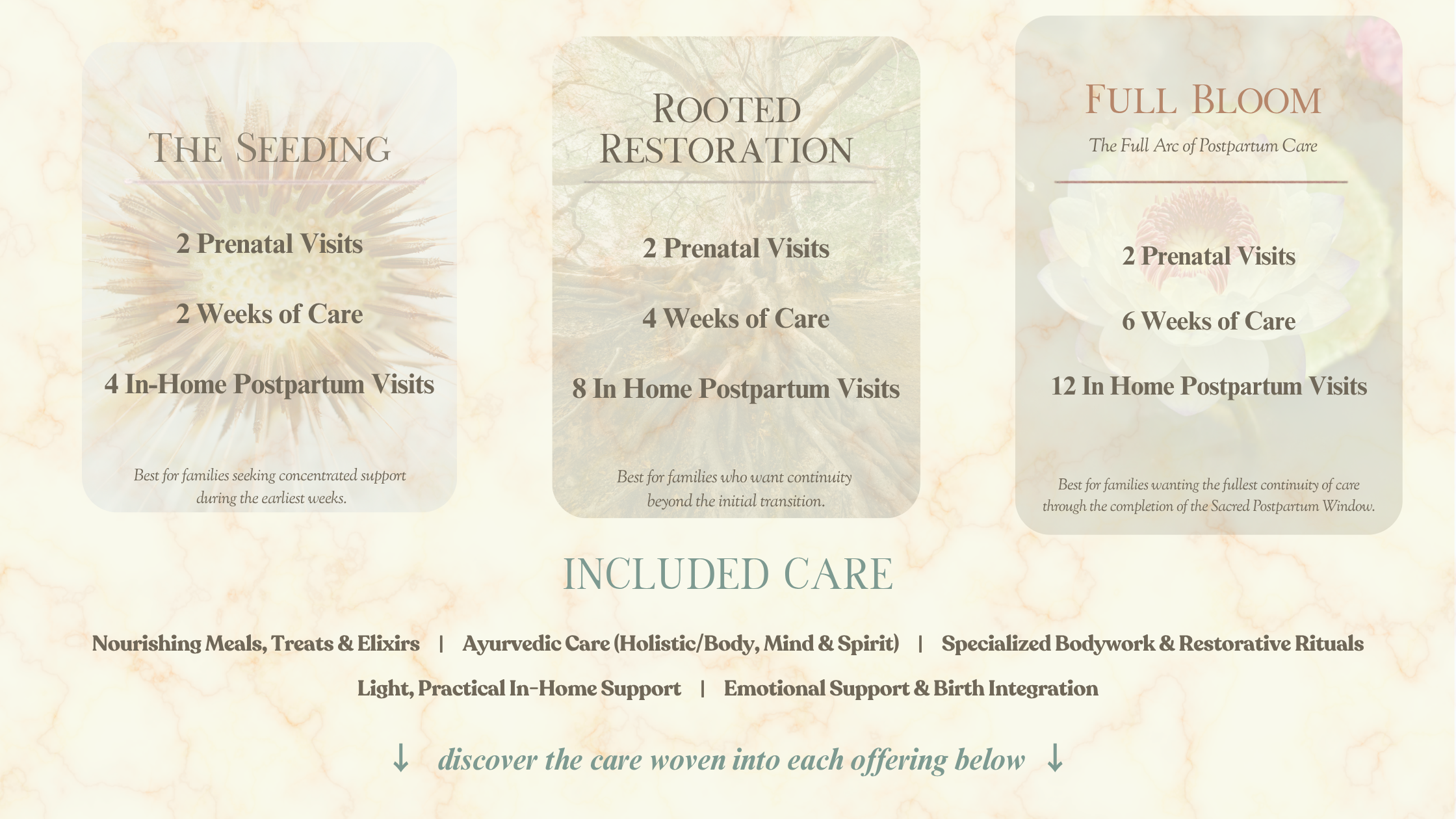 customized postpartum in home care packages for a new mother that includes meals, ayurveda, bodywork, in home care, emotional support and intentional, spiritual care