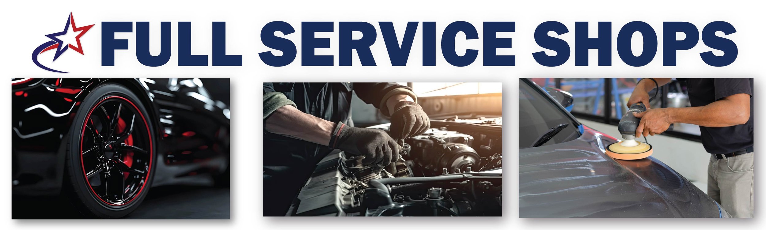 Hillsboro American Auto Showing images of a cool set of tires and wheels, a mechanic doing a repair, and body work