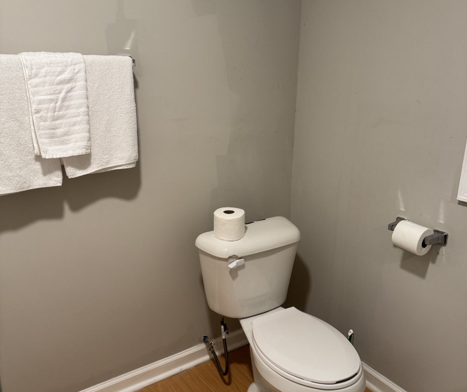 A bathroom with a white toilet, a roll of toilet paper on top of the toilet tank, a T-shaped toilet paper holder with a roll on the wall, and a towel rack with three white towels on the wall.