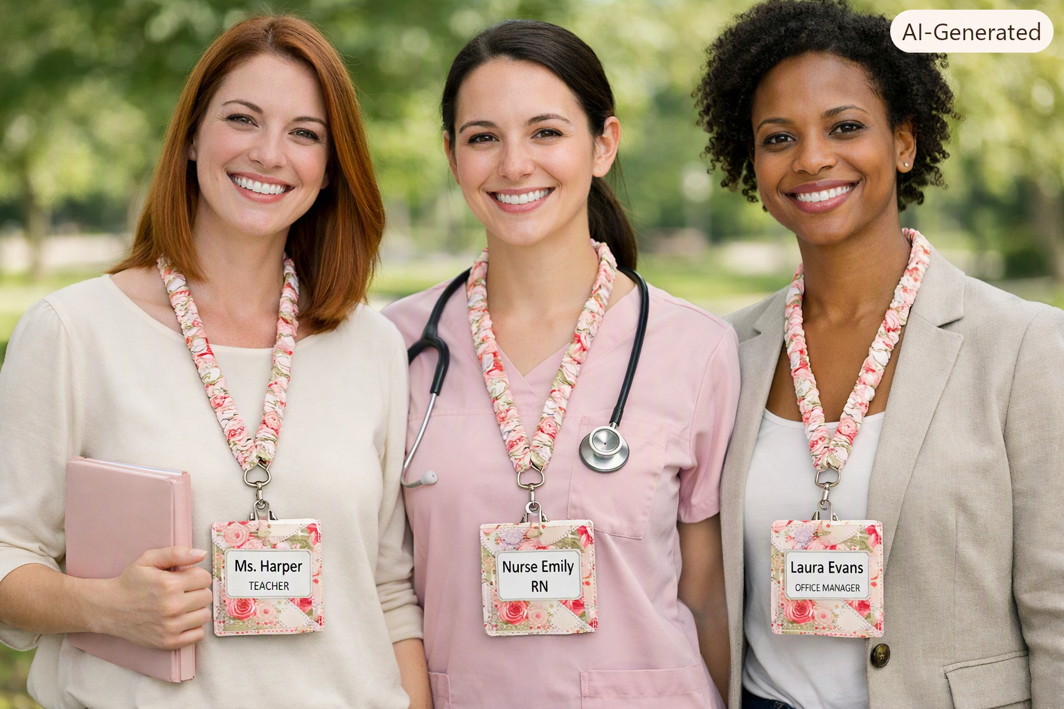 Professionals wearing the Charity Scrunch Lanyard with Badge holder.