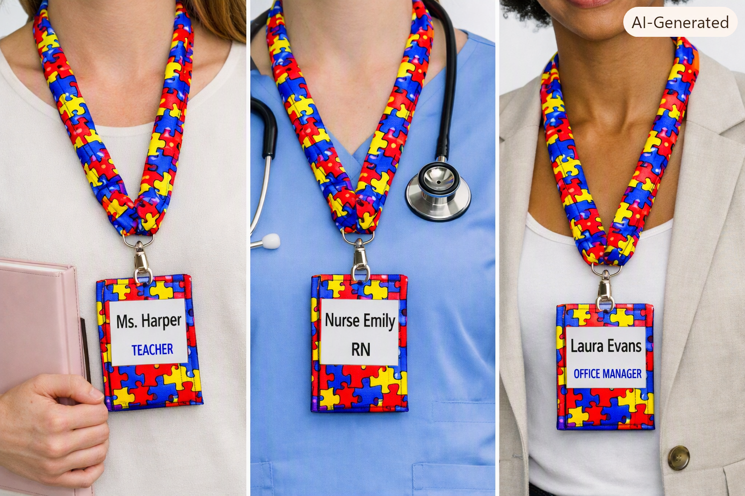 Pic of professionals wearing the Autism Scrunch Lanyard with Badge Holder.