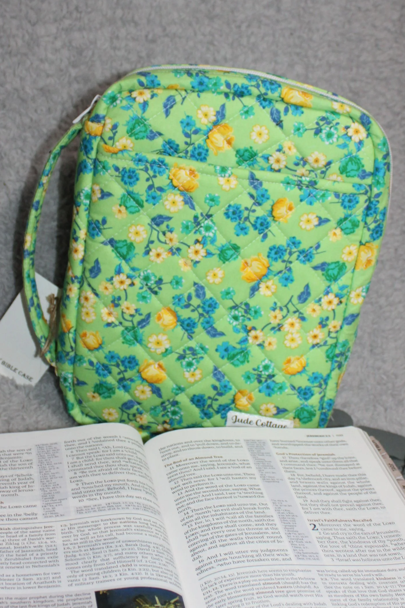 Close-up view of the front cover of the Suzanne Study Bible Case, showing the front slip pocket and handle.