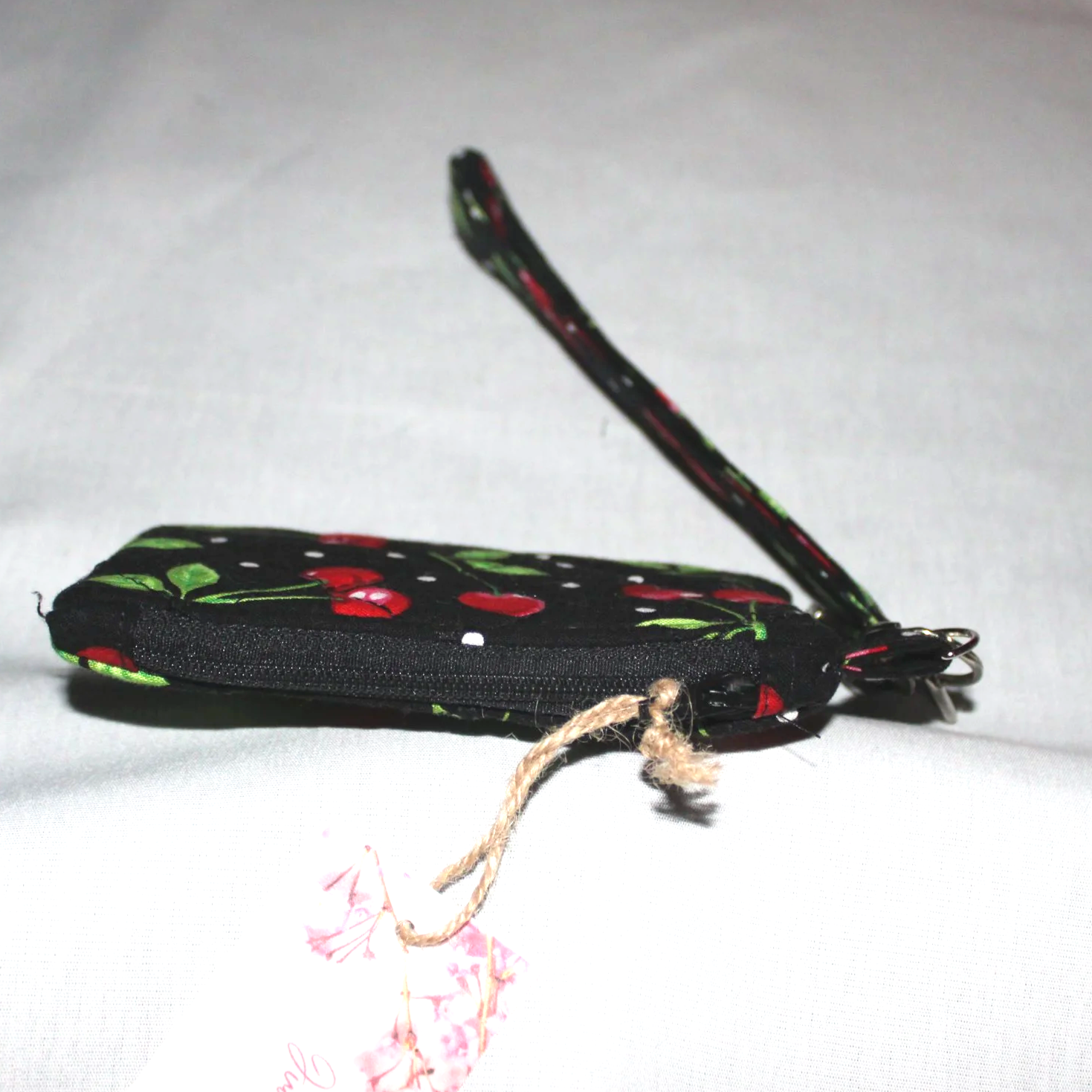 Top view of the Scattered Cherries Wallet showing zip enclosure.