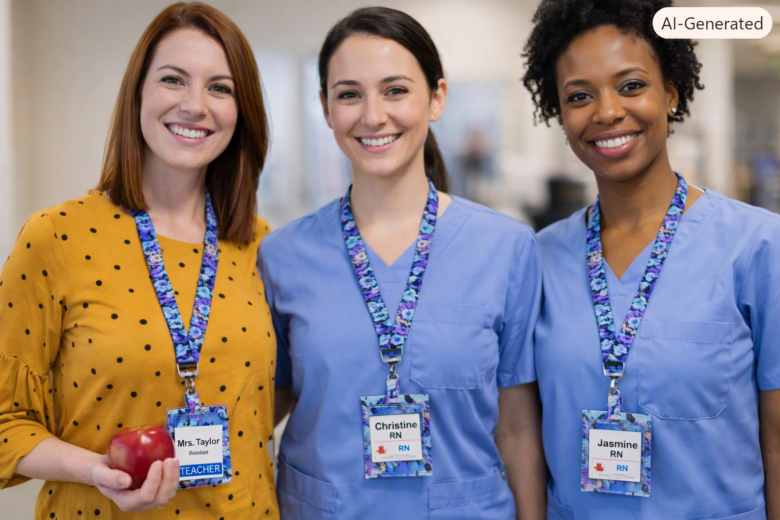 Professionals wearing the butterfly mist lanyard and badge showing functionality.