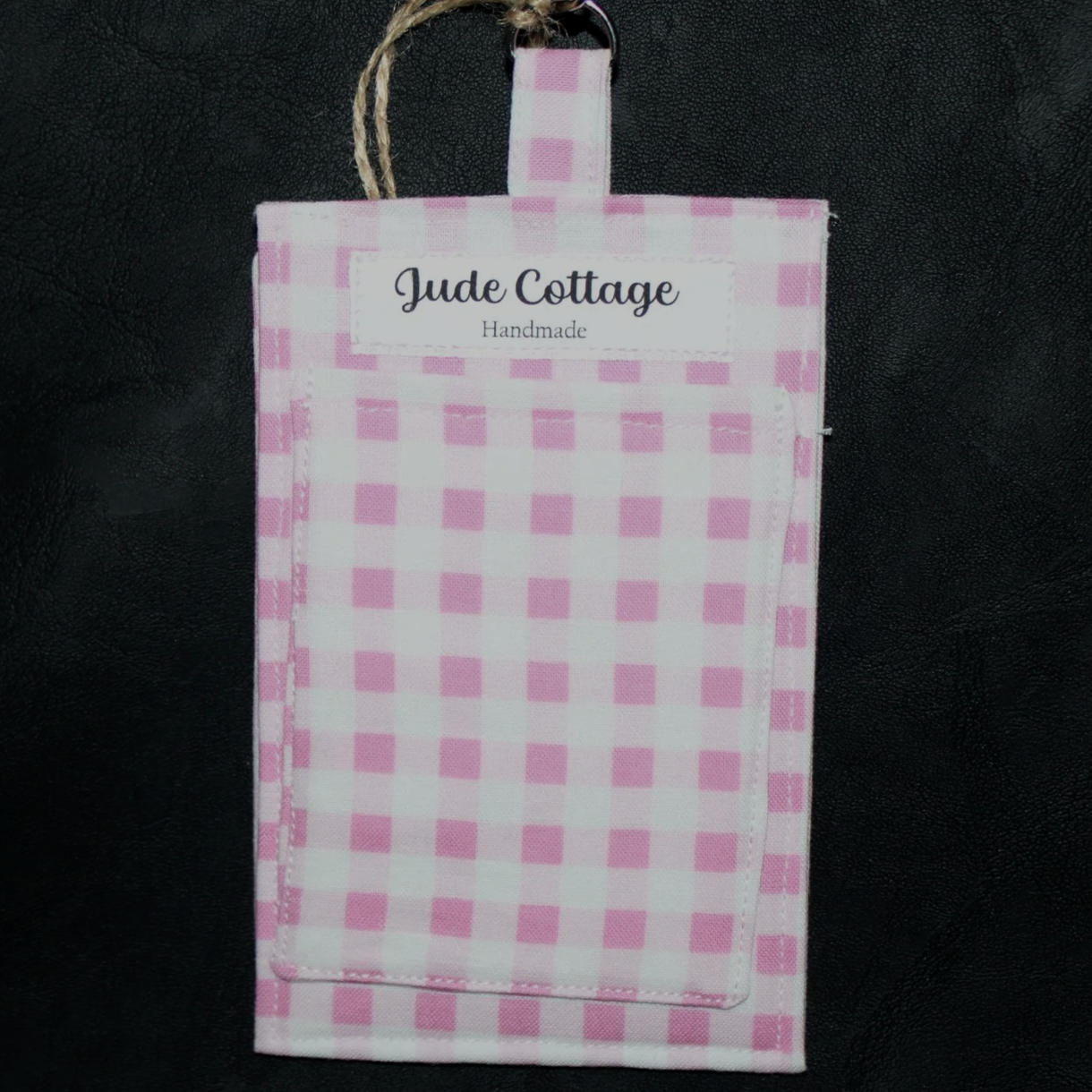 Back up close view of the Annabelle Badge Holder featuring a pink and white gingham print.