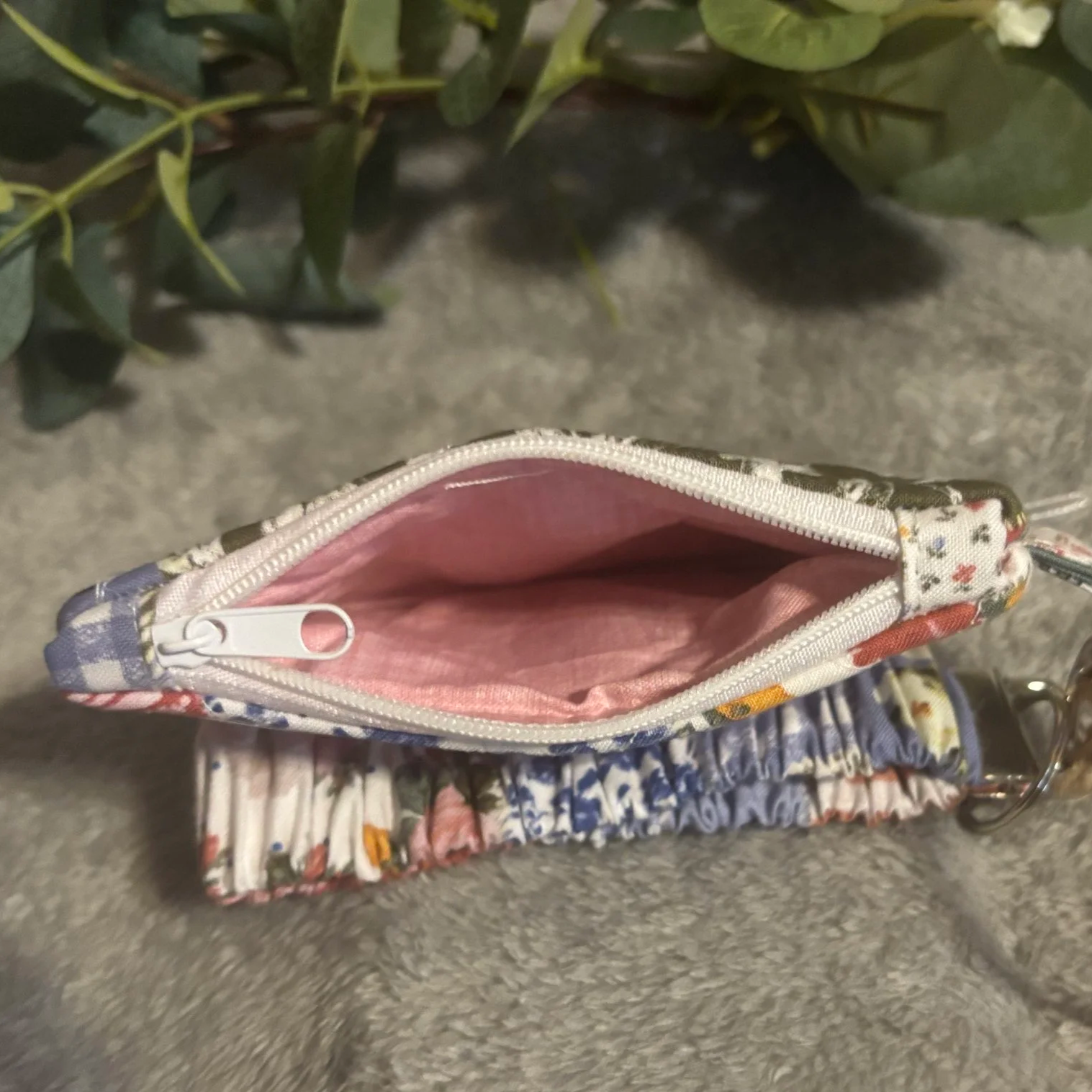 Top open view of the Serenity Keychain Wallet showing pink interior lining.