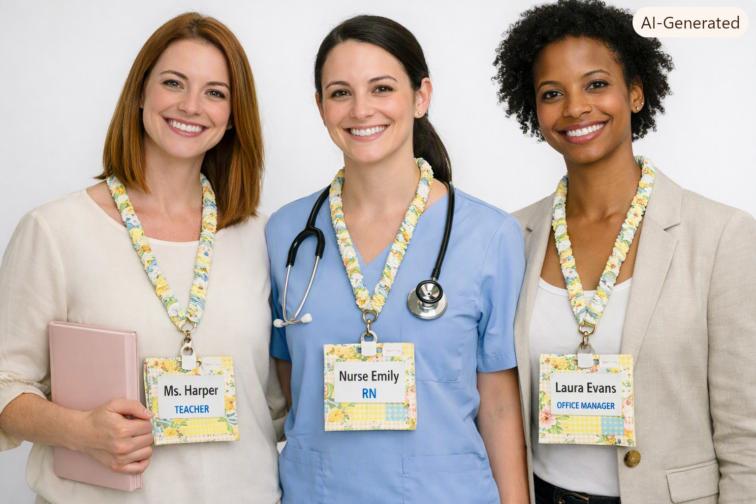 Professionals wearing the Annalee Scrunch Lanyard with Badge Holder.
