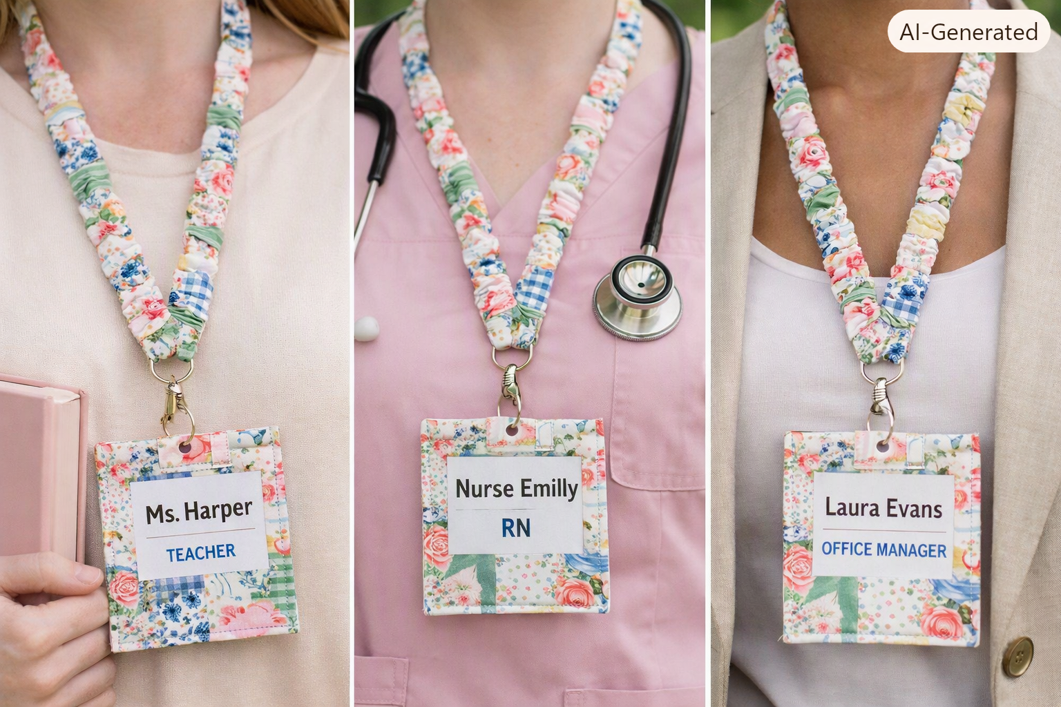 Close up image of professionals wearing the Serenity scrunch lanyard and badge holder.