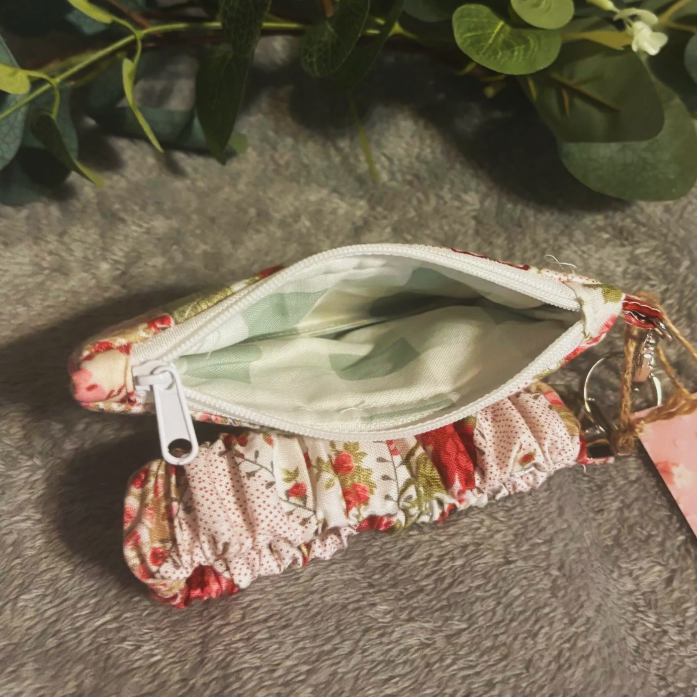 Top open view of the Charity Keychain Wallet Set showing sage and white checked fabric for interior lining.