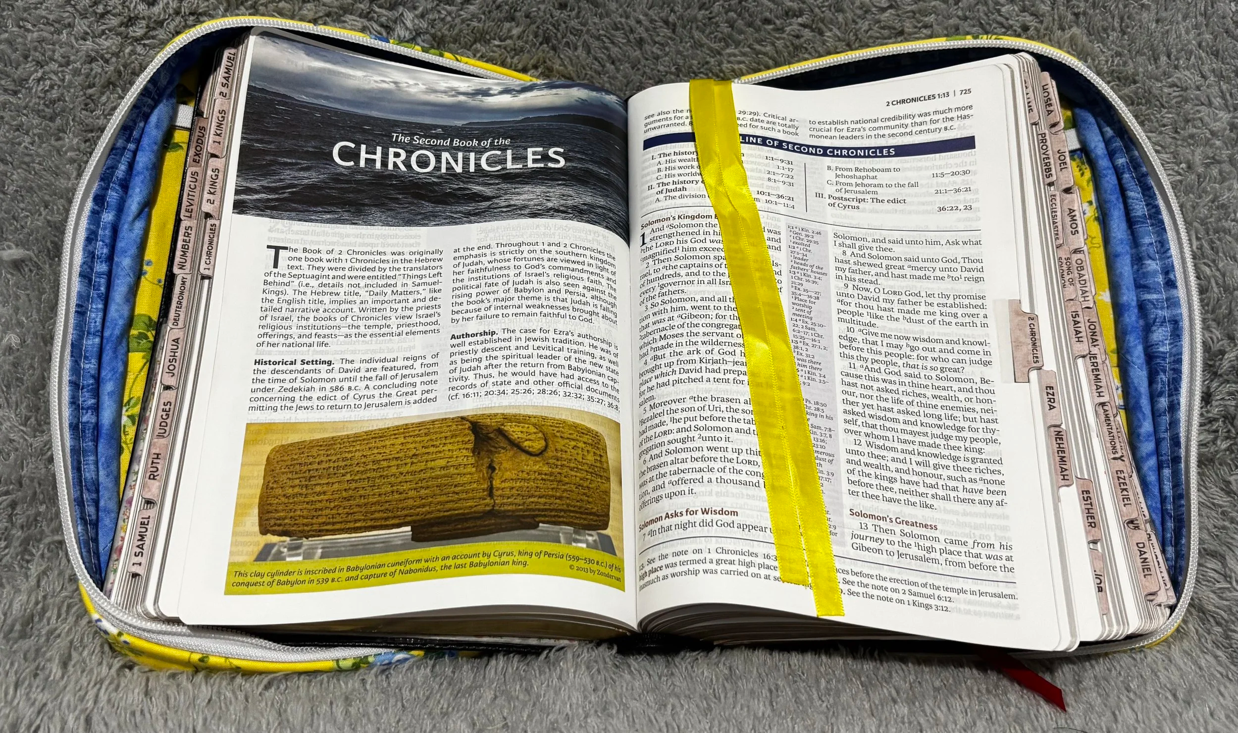 Interior view of the Flora Study Bible Case with a Bible inserted, showing the floral lining, interior slip pockets, pen holders, and ribbon markers across the open pages.