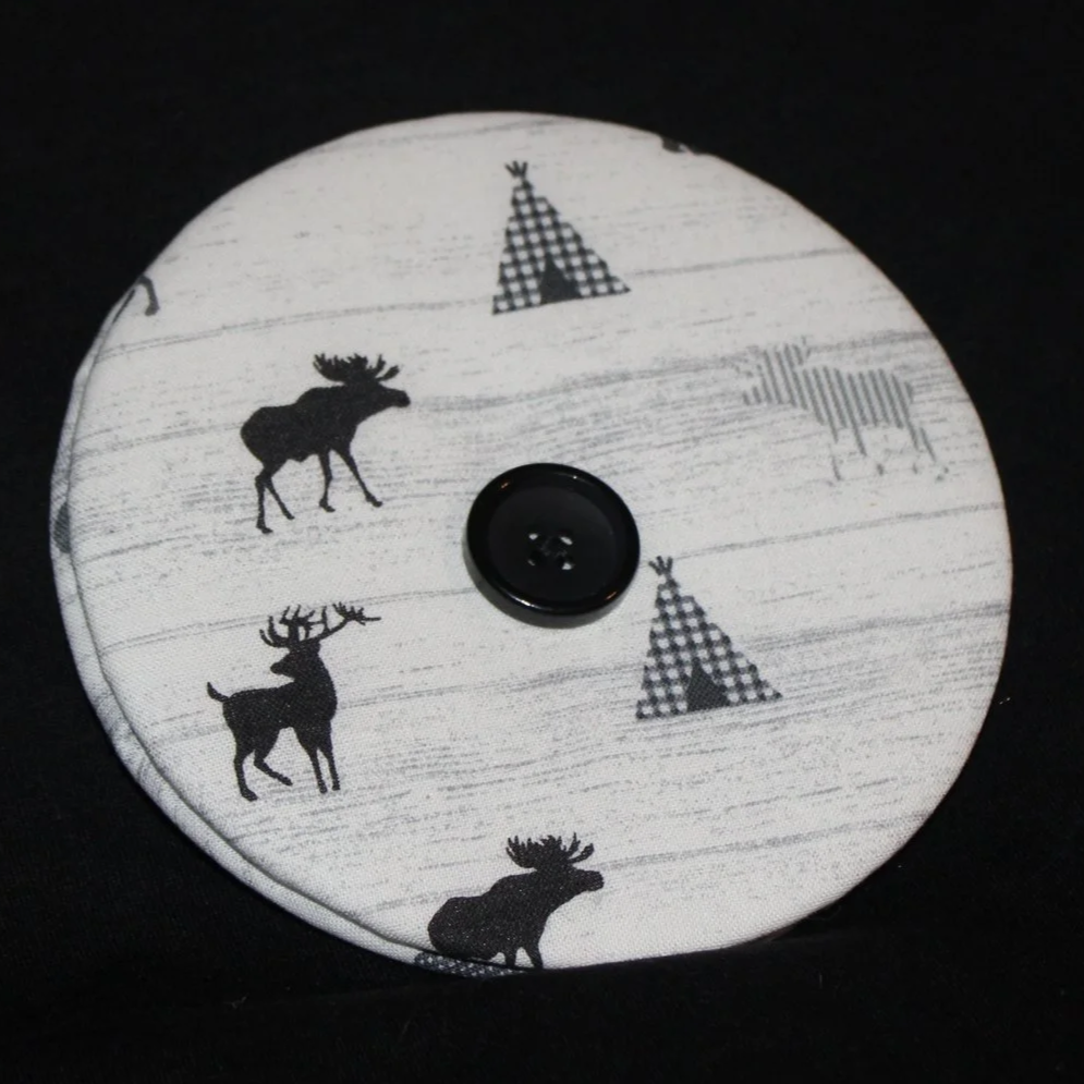 Front view of the Moose Camp Card Holder featuring moose, deer, and teepee motifs on white fabric.
