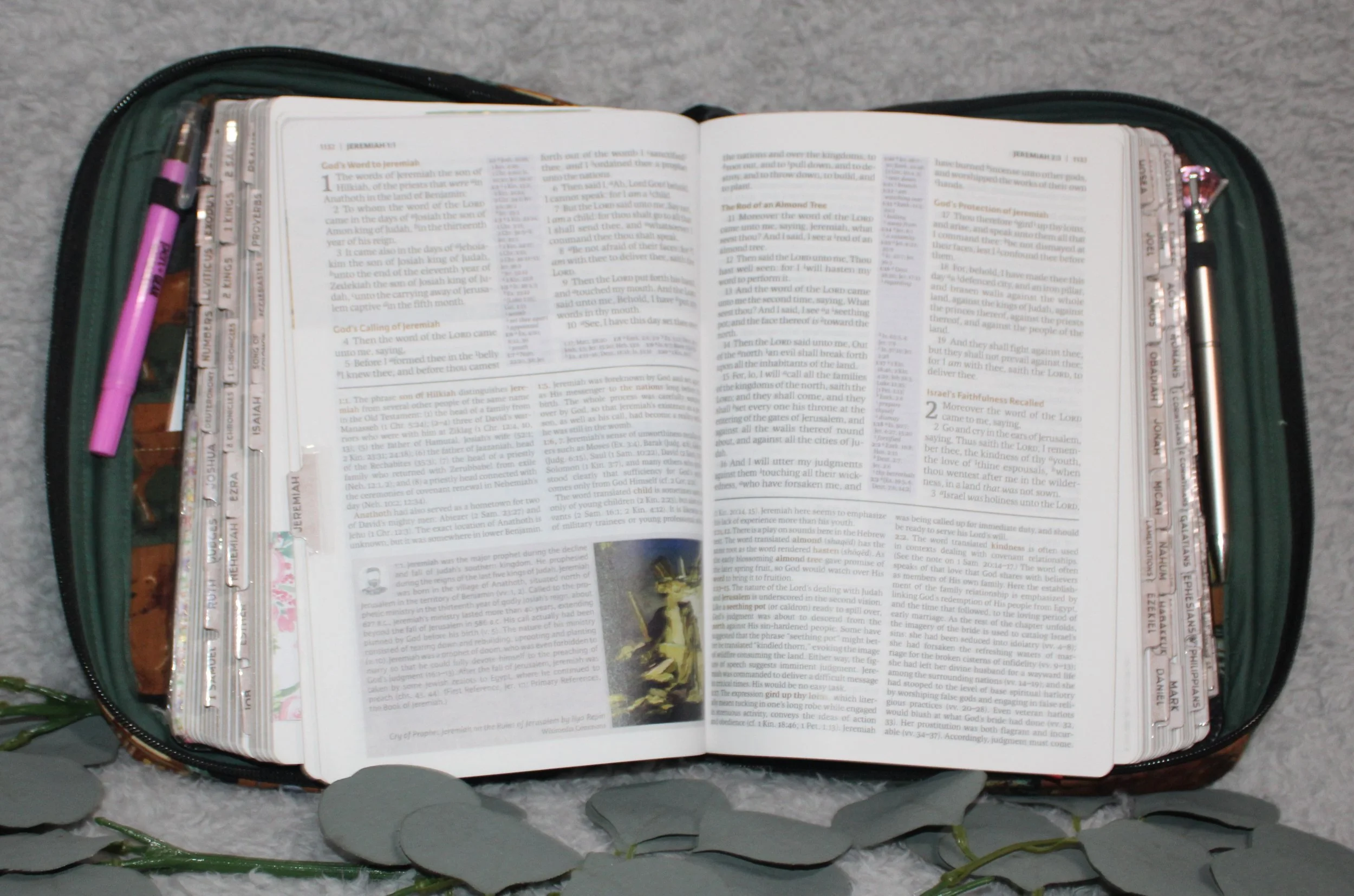 Open view of the Wilderness Bible Case showing how it looks with a bible and pens inserted.