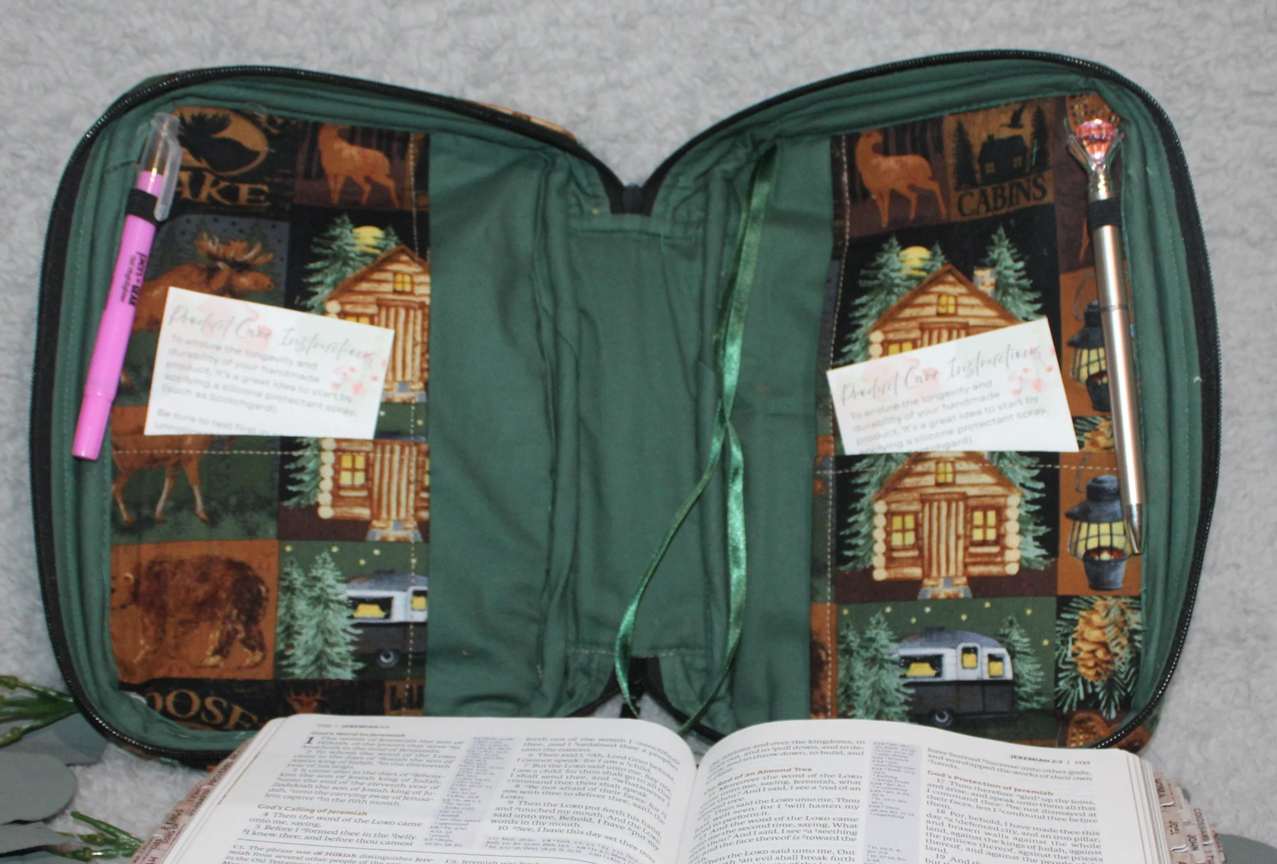 Open empty view of the Wilderness Bible Case showing slip pockets and pen holders.