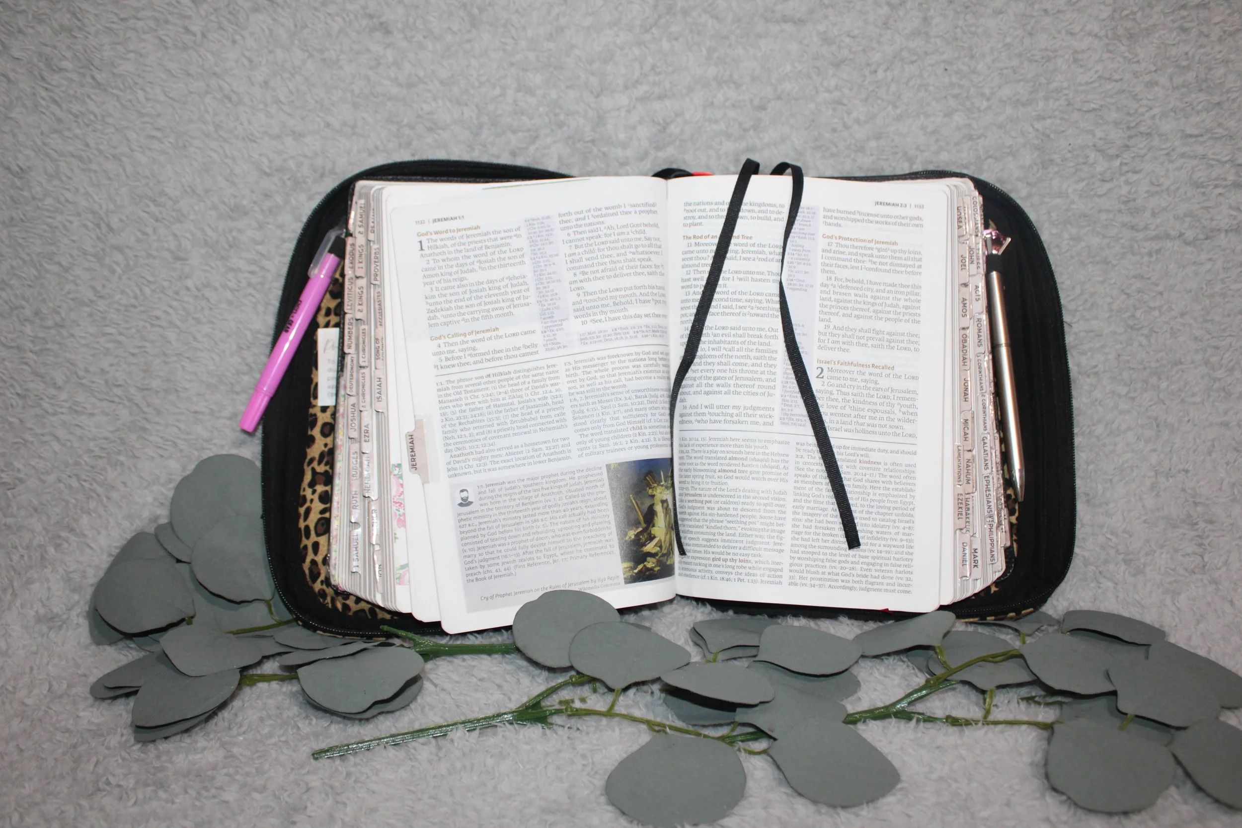 Interior view of the Sahara Study Bible Case with a Bible inserted, showing the neutral lining, pen holders, and ribbon markers visible across the open pages.