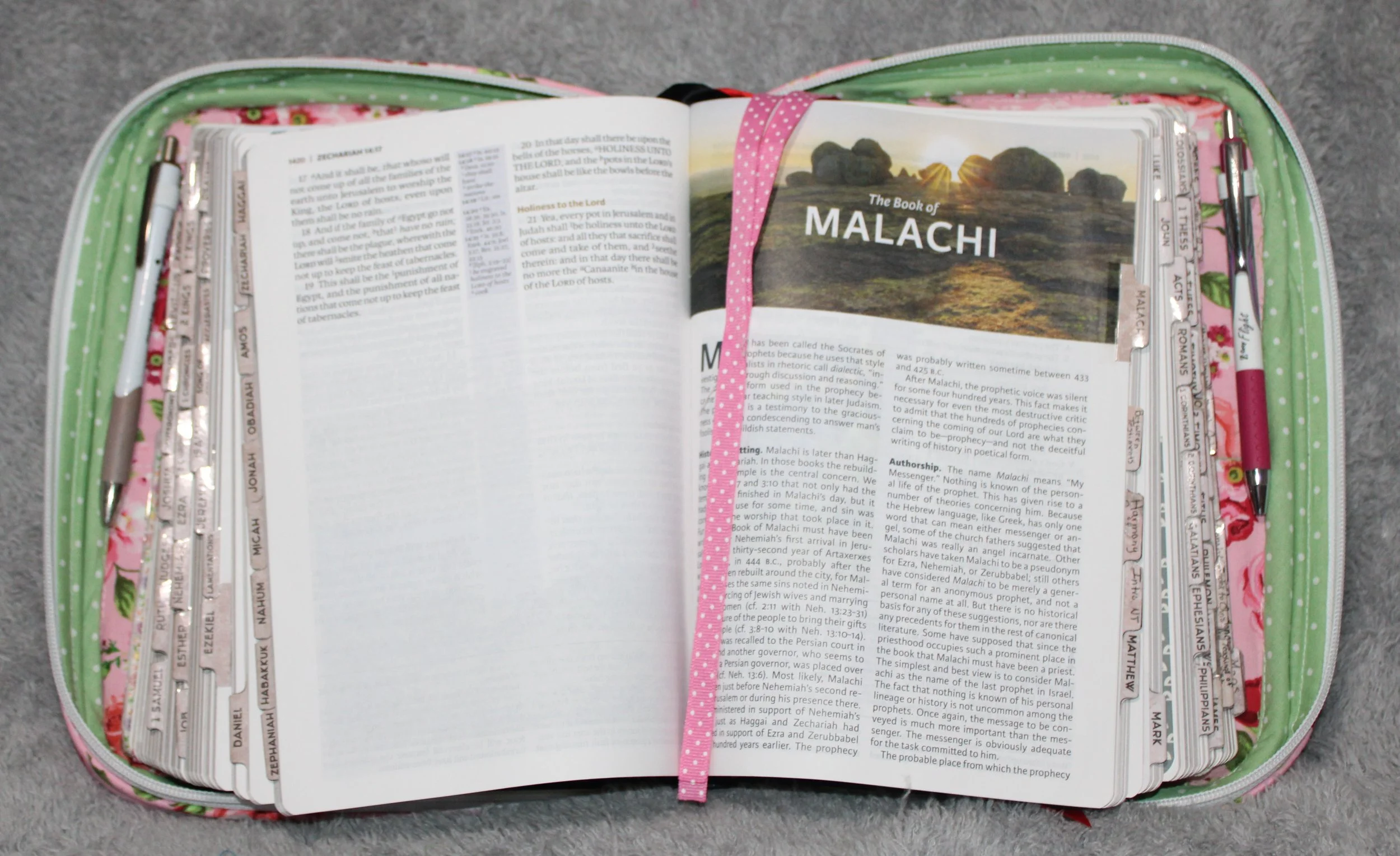 Interior view of the Roselyn pink quilted double‑zip Bible case with an open Bible inside, showing the pink polka dot ribbon and a pens in the pen holders.