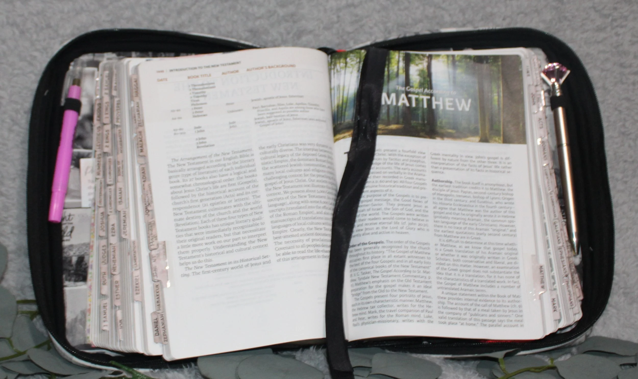 Open Calvary Study Bible Case featuring an inserted Bible with black ribbon, two pens, and product‑care cards in the side pockets.