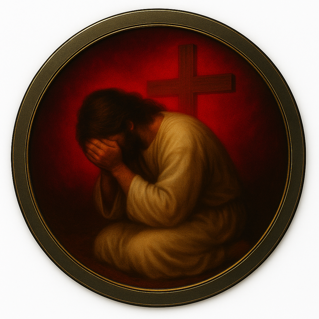 Painting of Jesus Christ kneeling with hands on his face, in front of a red background with a wooden cross.