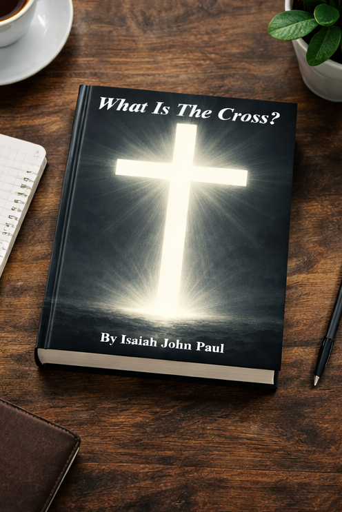 A book titled 'What Is The Cross?' by Isaiah John Paul, featuring a glowing white cross on the cover, resting on a wooden desk with a notebook, a pen, a coffee cup, and a potted plant nearby.