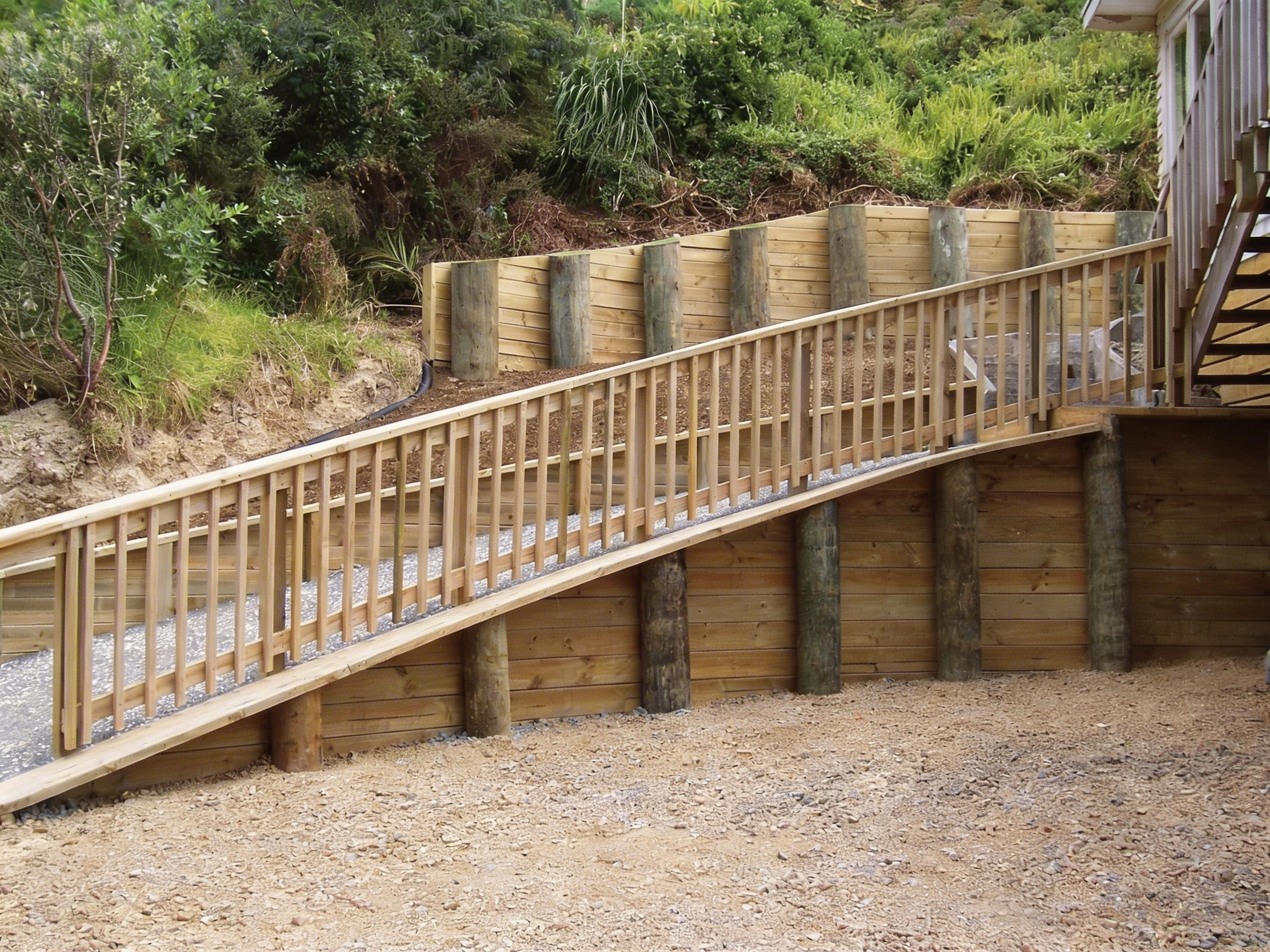 Wooden ramp and retaining wall built against a hillside with green shrubbery and plants at the top.
