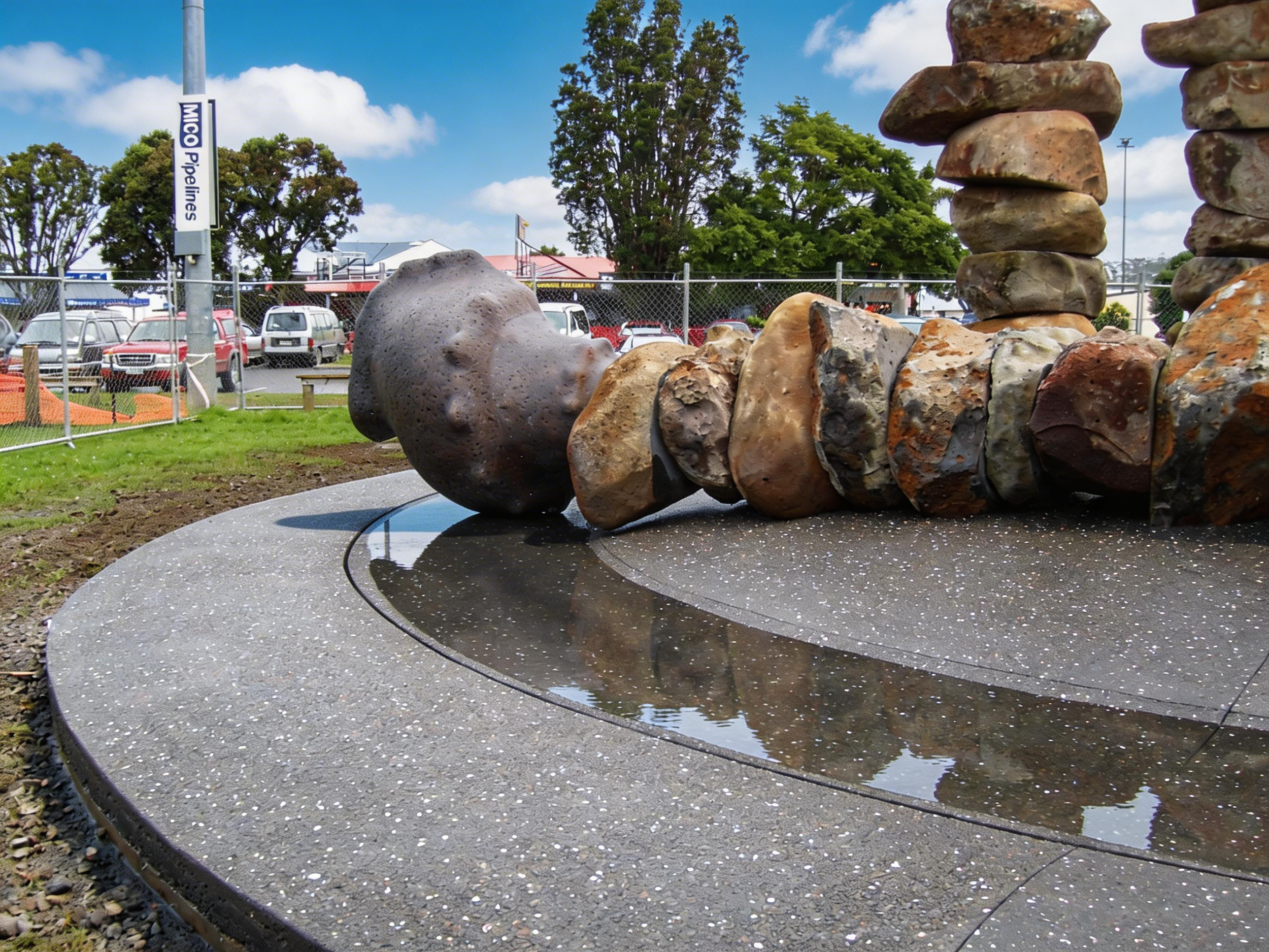 Outdoor sculpture of a dog’s head made from stones, with a water feature reflecting parts of the sculpture, set in a park with parked cars, trees, and a fence in the background.