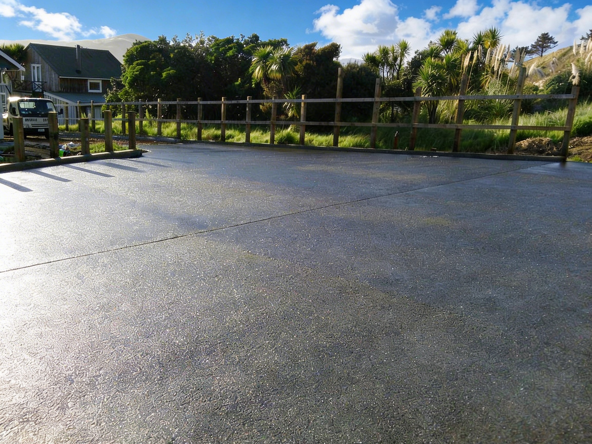 Freshly poured concrete driveway with a wooden fence, nearby greenery, and a house in the background.