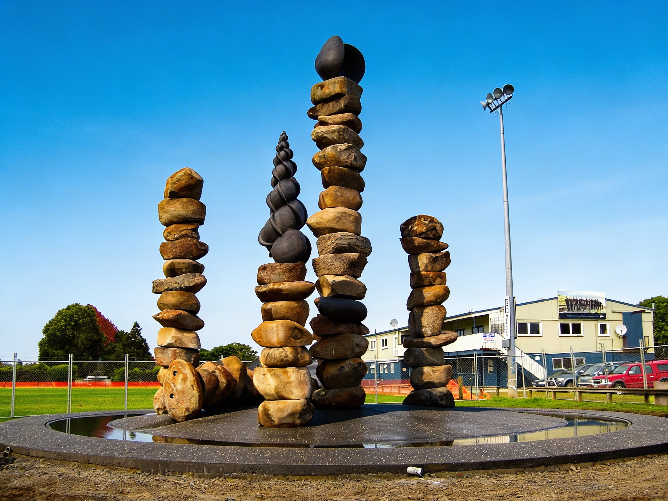 Sculpture made of stacked rocks of various shapes and sizes in an outdoor setting with a blue sky, a building, parked cars, and a tall light pole in the background.
