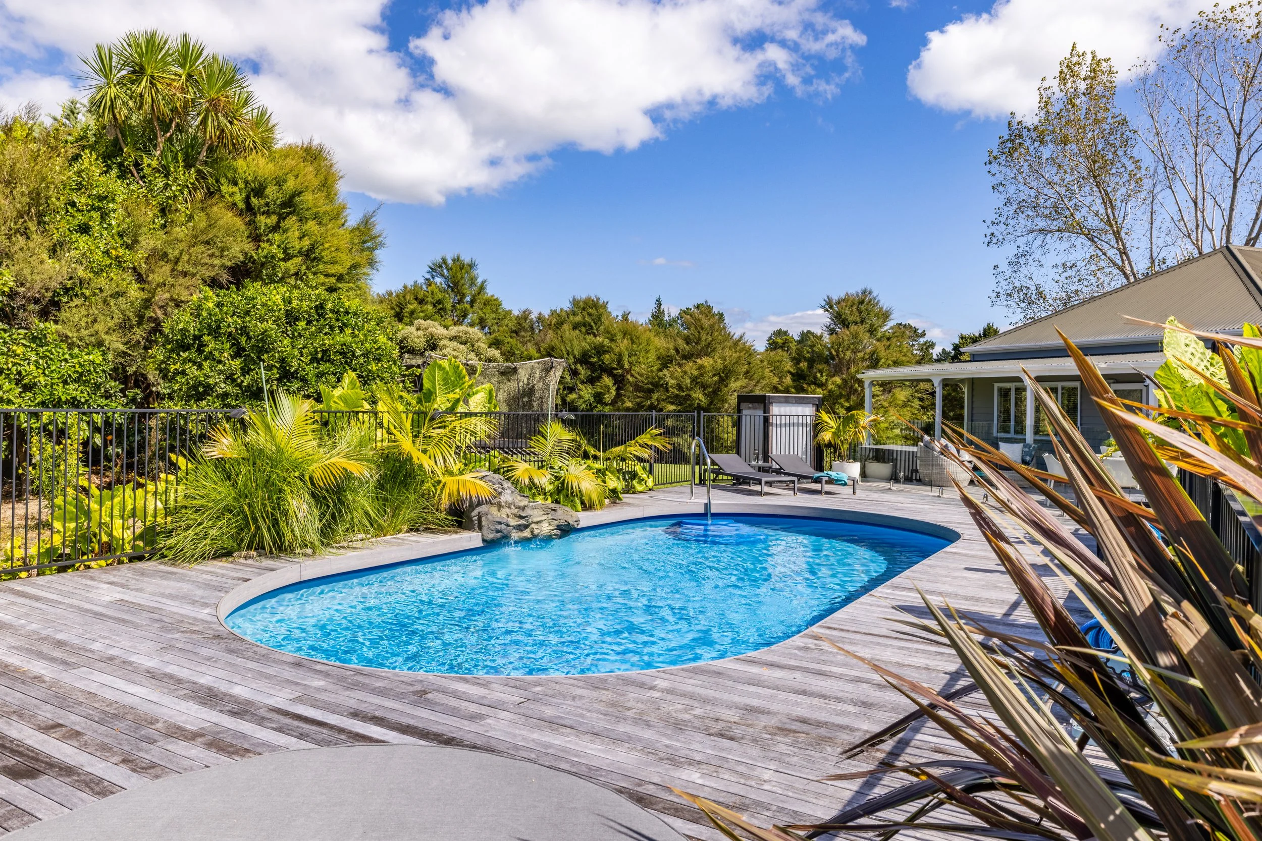 Backyard with a swimming pool, surrounded by greenery and patio furniture under a clear blue sky.