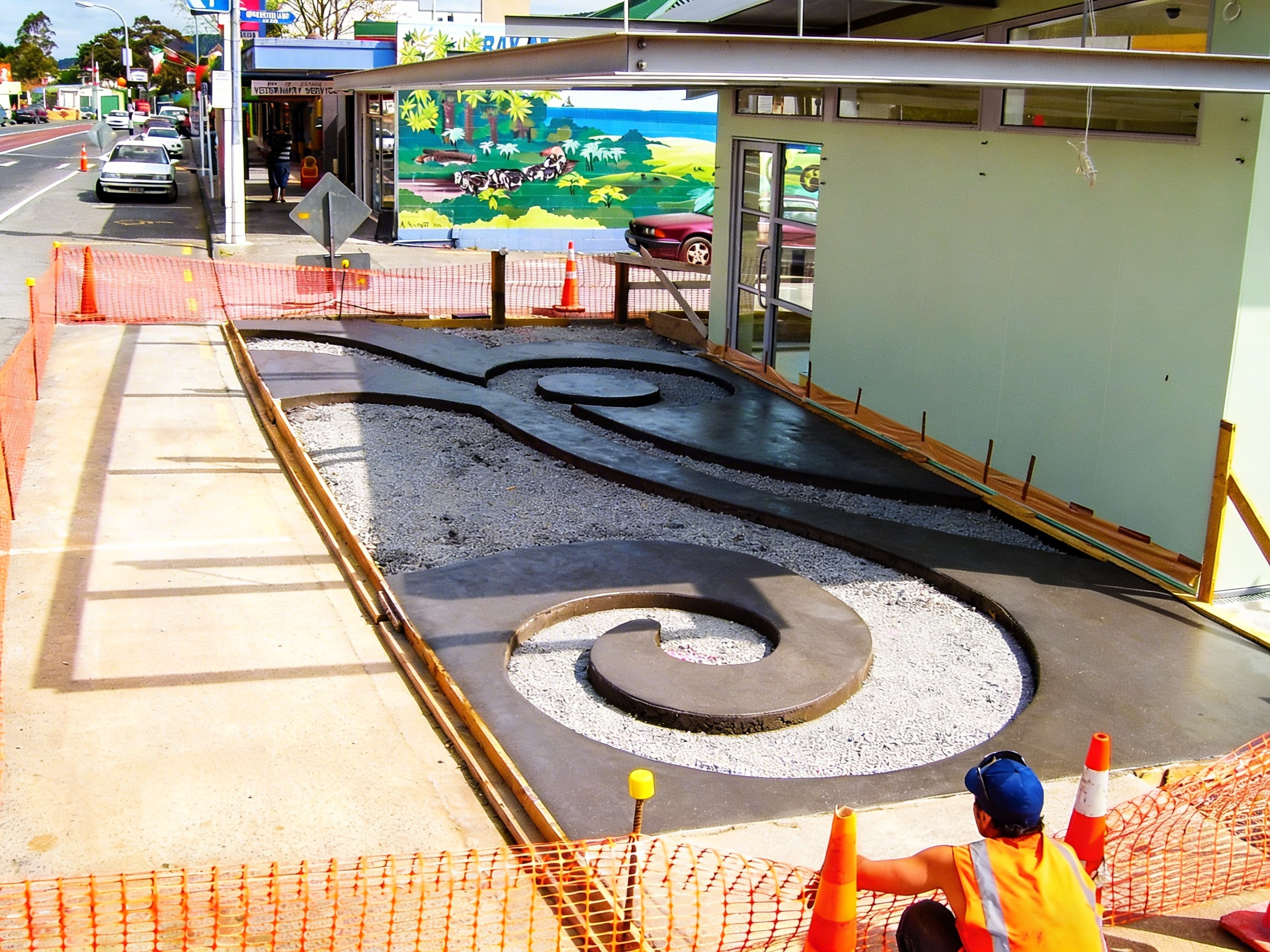 Construction worker in an orange vest and blue hat sitting next to a sidewalk in front of a small, curved landscaping element being built with black concrete, surrounded by dirt and gravel, with orange safety fence and traffic cones around the area.