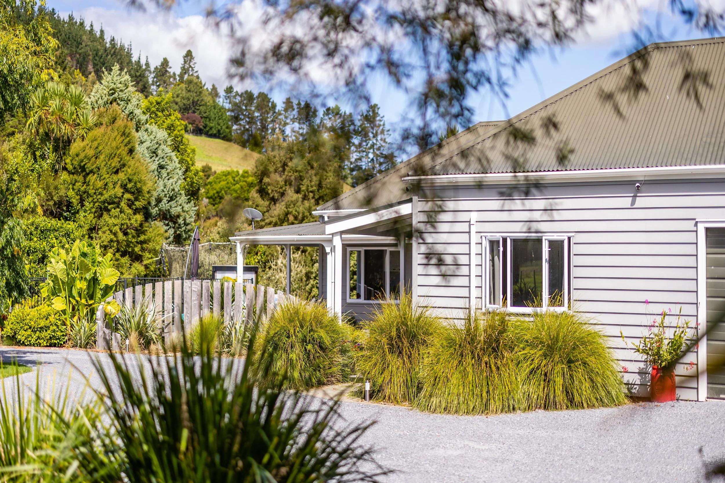 A house with white siding, surrounded by green plants and trees, with a gravel driveway and a hillside in the background.