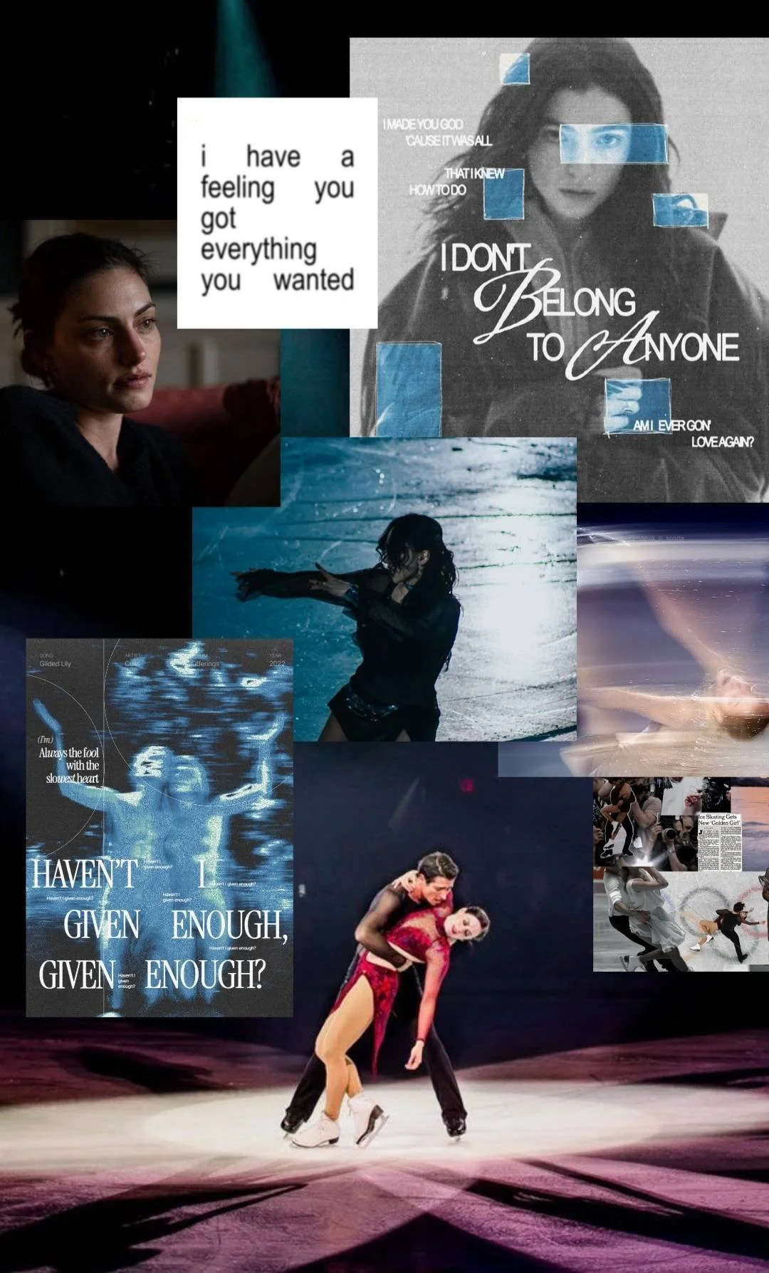 Collage of various images including a woman with short hair, a woman in a raincoat, a woman ice skating, a couple figure skating, and various text overlays expressing feelings of love, longing, and doubt.