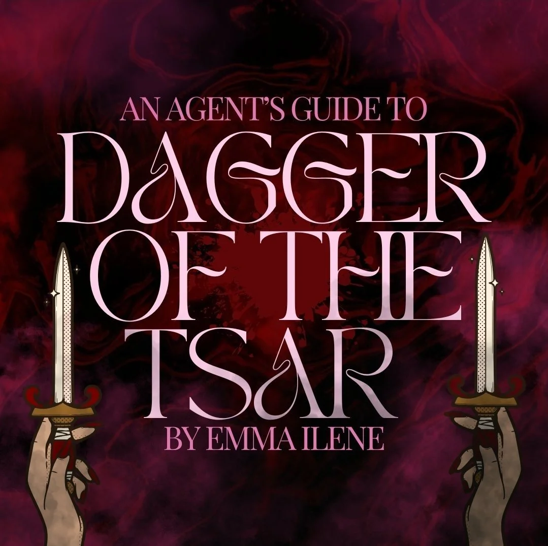 Book cover titled "An Agent's Guide to Dagger of the Tisar" by Emma Ilene, featuring dark red and black background with illustrations of hands holding swords.
