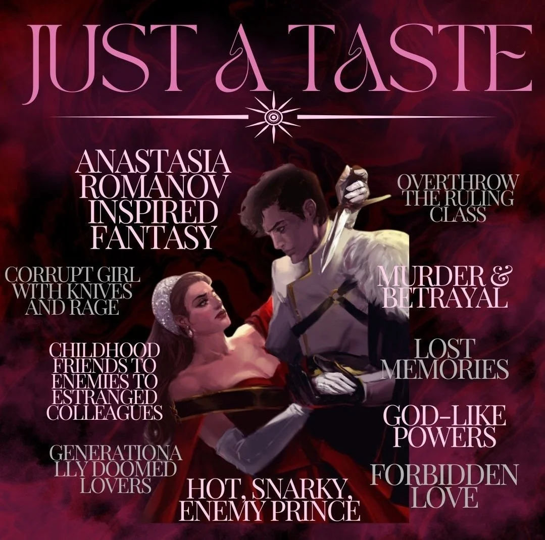 Poster titled "Just A Taste" with illustrations of a man and woman in an embrace, surrounded by text about romance, fantasy, and drama themes.