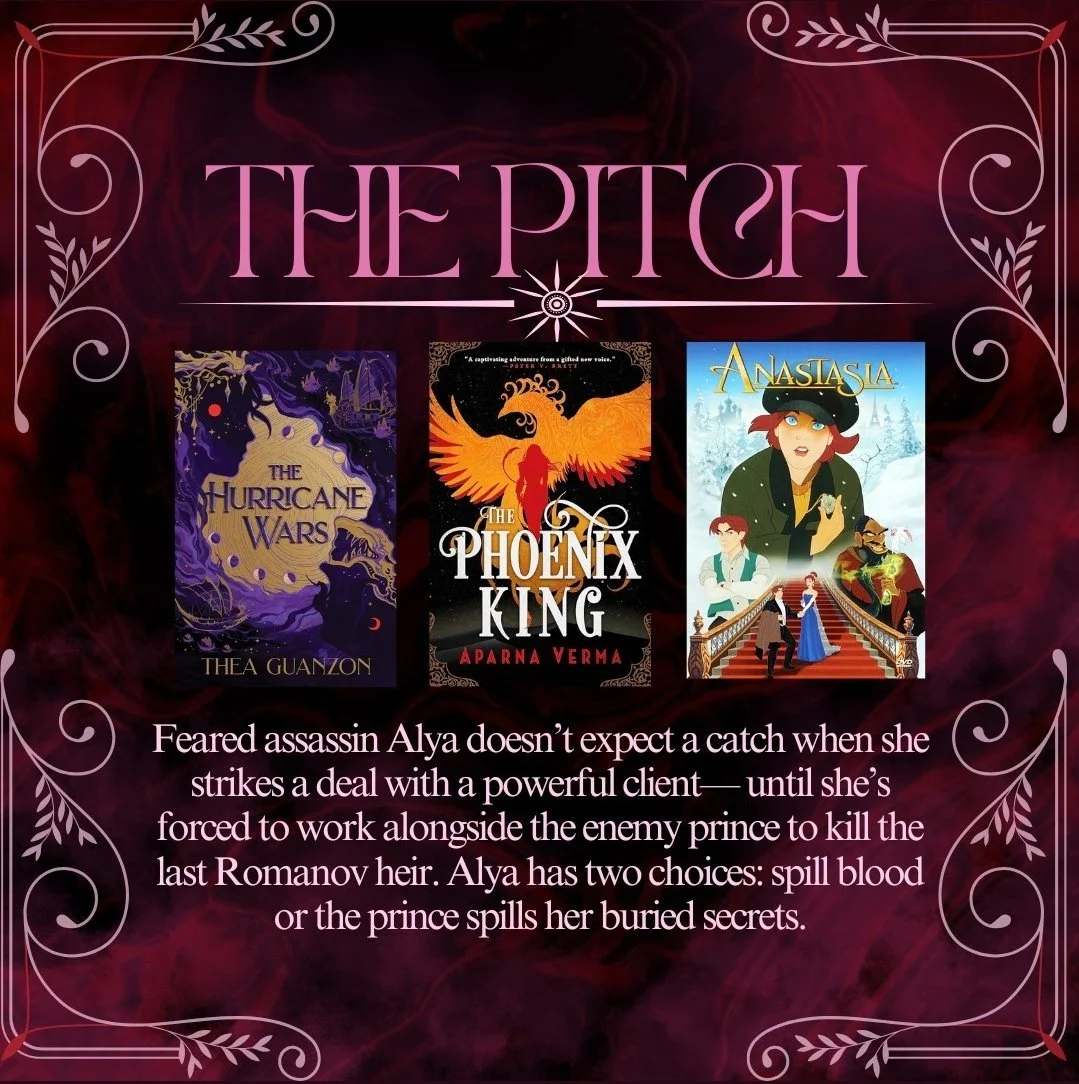 A promotional image for a book series called "The Pitch" featuring three books: "The Hurricane Wars" by Thea Guanzon, "The Phoenix King" by Aparna Verma, and "Anastasia." The background is dark red with decorative floral borders, and there is a blurb