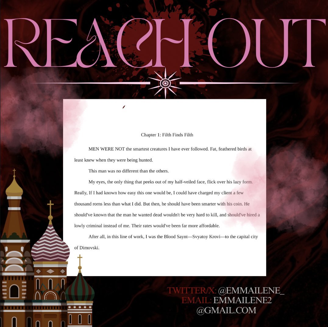 A stylized digital cover page for a book titled 'Reatchout', featuring a dark abstract background with splashes of red and pink, illustration of Russian-style churches in the bottom left, and sample text from a chapter, along with social media contac