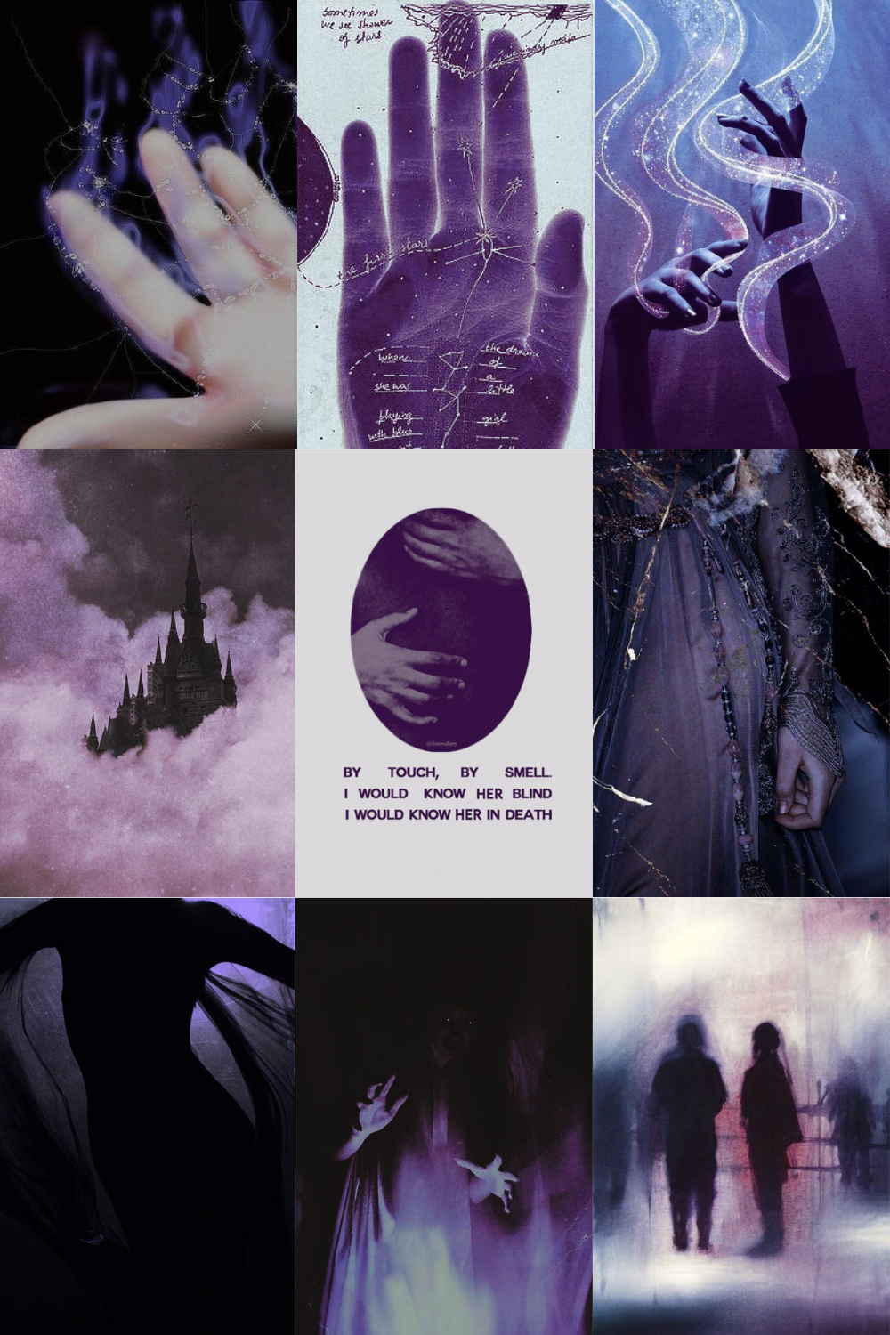 A collage of nine images with a purple and dark theme depicting hands, a castle among clouds, a quote about touch and smell, and blurred silhouettes of people, creating a mysterious and ethereal atmosphere.